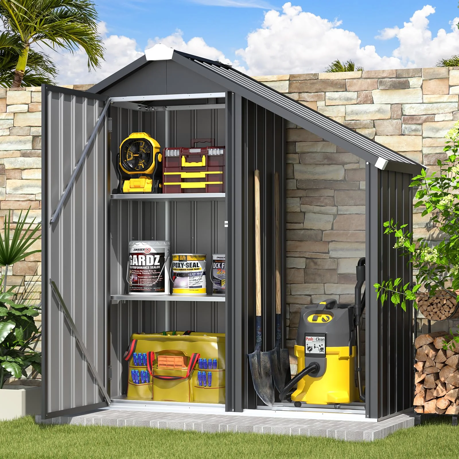 AECOJOY Outdoor Storage Cabinet Waterproof with Shelves and Lean to Open-Sided Firewood Racks