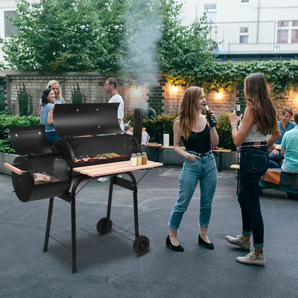 Outdoor Gas Grill, Modern Multi-Function Charcoal Barbecue Pit with Seasoning Rack and Plastic Wheels, Meat BBQ Cooker for Patio, Backyard, Garden, Camping, Party, Black