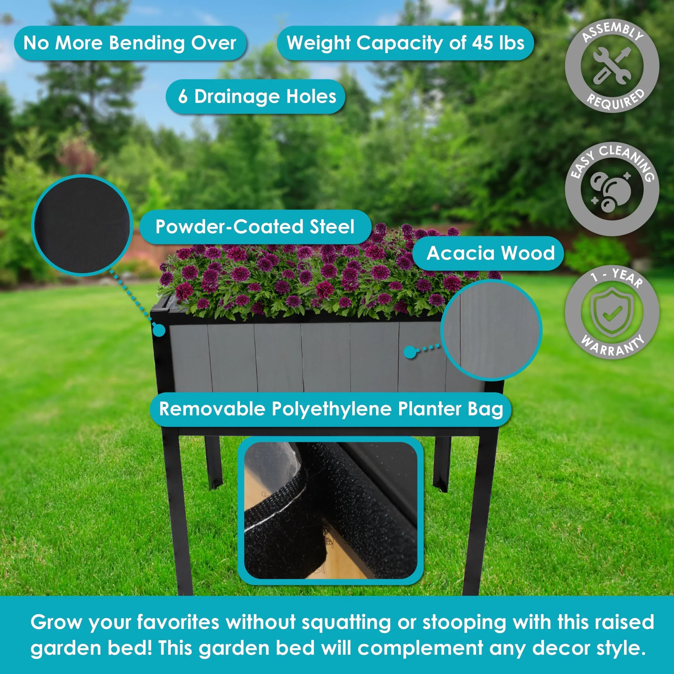 Sunnydaze 29.25 x 20 x 30.75 Gray Acacia Wood Rectangular Raised Garden Bed with Legs