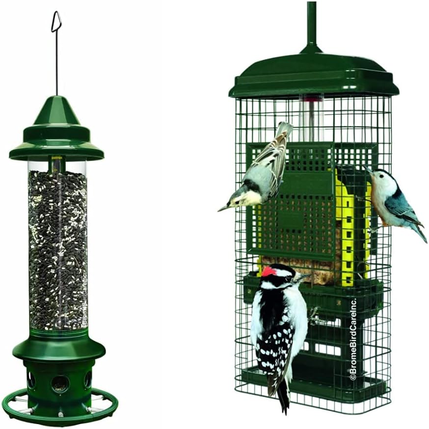 Squirrel-Proof Bird Feeder, Green & Squirrel Buster Suet Squirrel-Proof Suet Bird Feeder w/2 Suet Cake Trays, 2 Crumb Ports, Mess-Free Suet Loading,Green