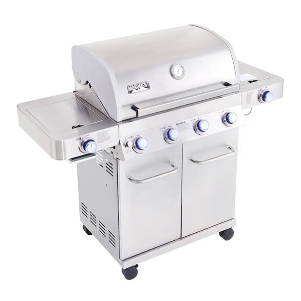 4-Burner Propane Gas Grill in Stainless with LED Controls. Side and Side Sear Burners