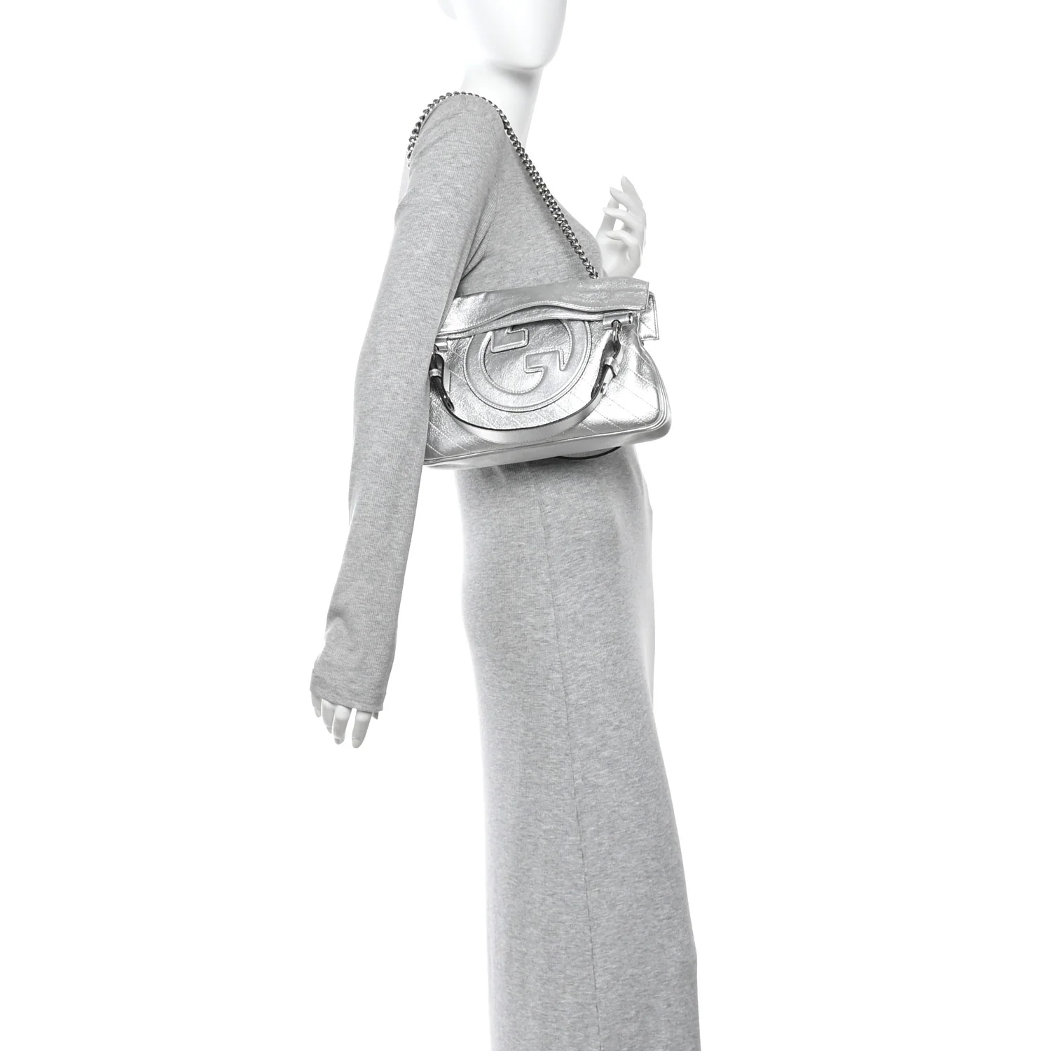 Sakai Be Green Calfskin Diagonal Stitched Small Blondie Tote Silver