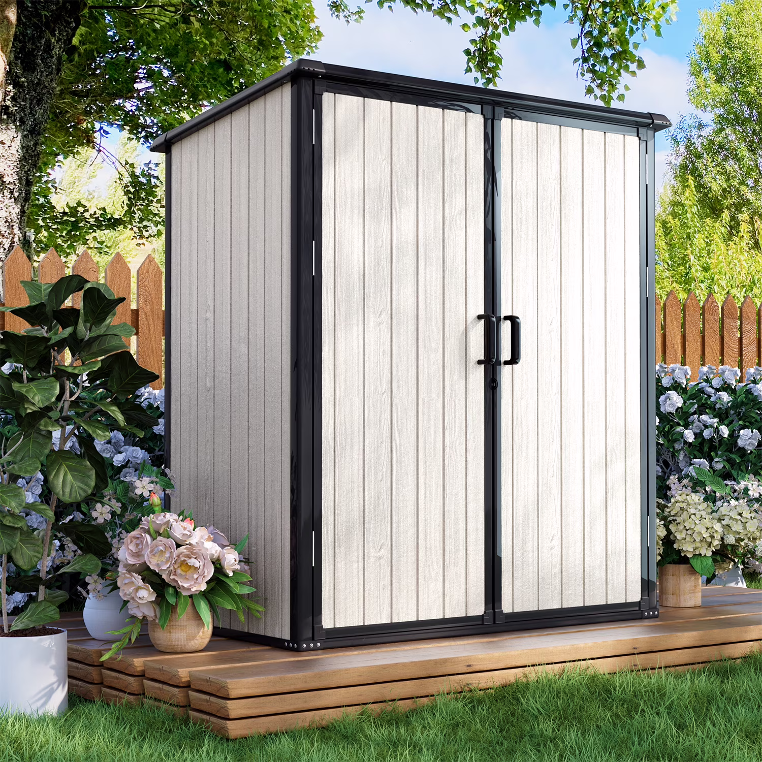 5.0' X 3.1' Resin Outdoor Shed with Base Frame, Plastic Shed with Lockable Door, for Garden, Ptaio, Backyard, Gray(Gray) - Image 3
