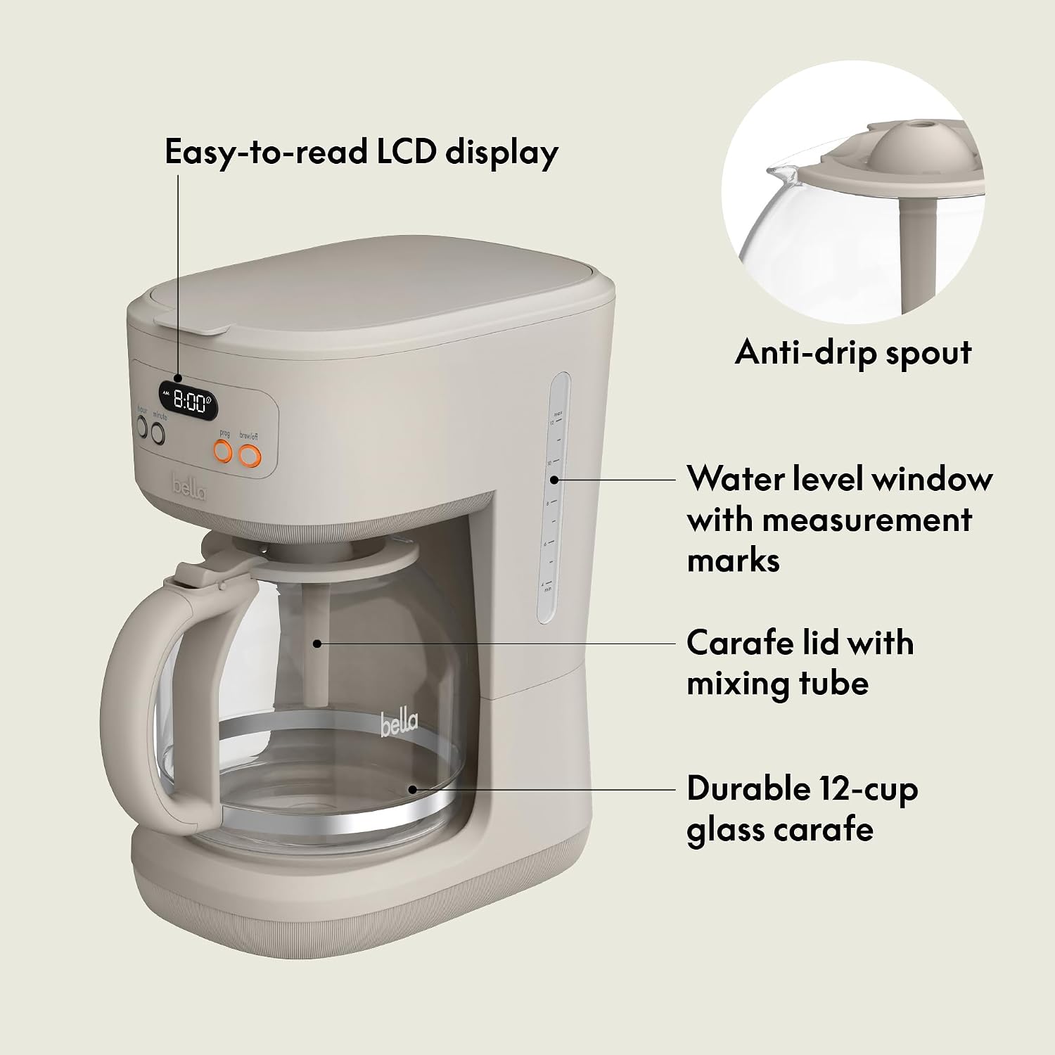 Bella 12-Cup Programmable Coffee Maker, LCD, Auto Shutoff, 900W