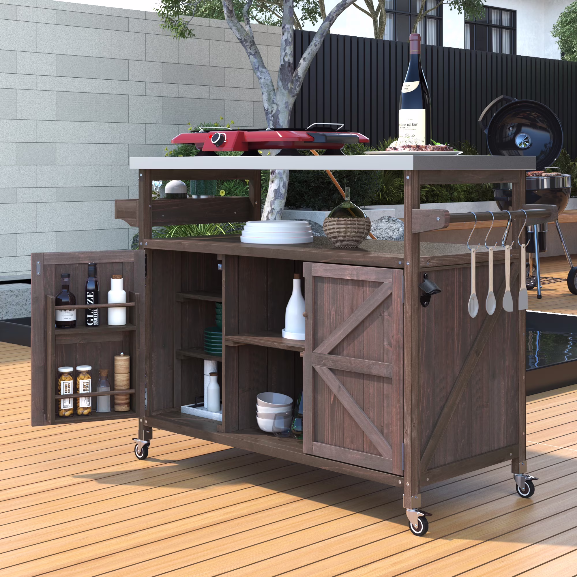 Outdoor Serving Cart Kitchen Island Solid Wood Mobile Rolling Bar Cart with Lockable Wheels, Rack and Stainless Steel Top Beverage Storage Counter Table with Cabinet for Patio, Natural(Natural/Style 1) - Image 3