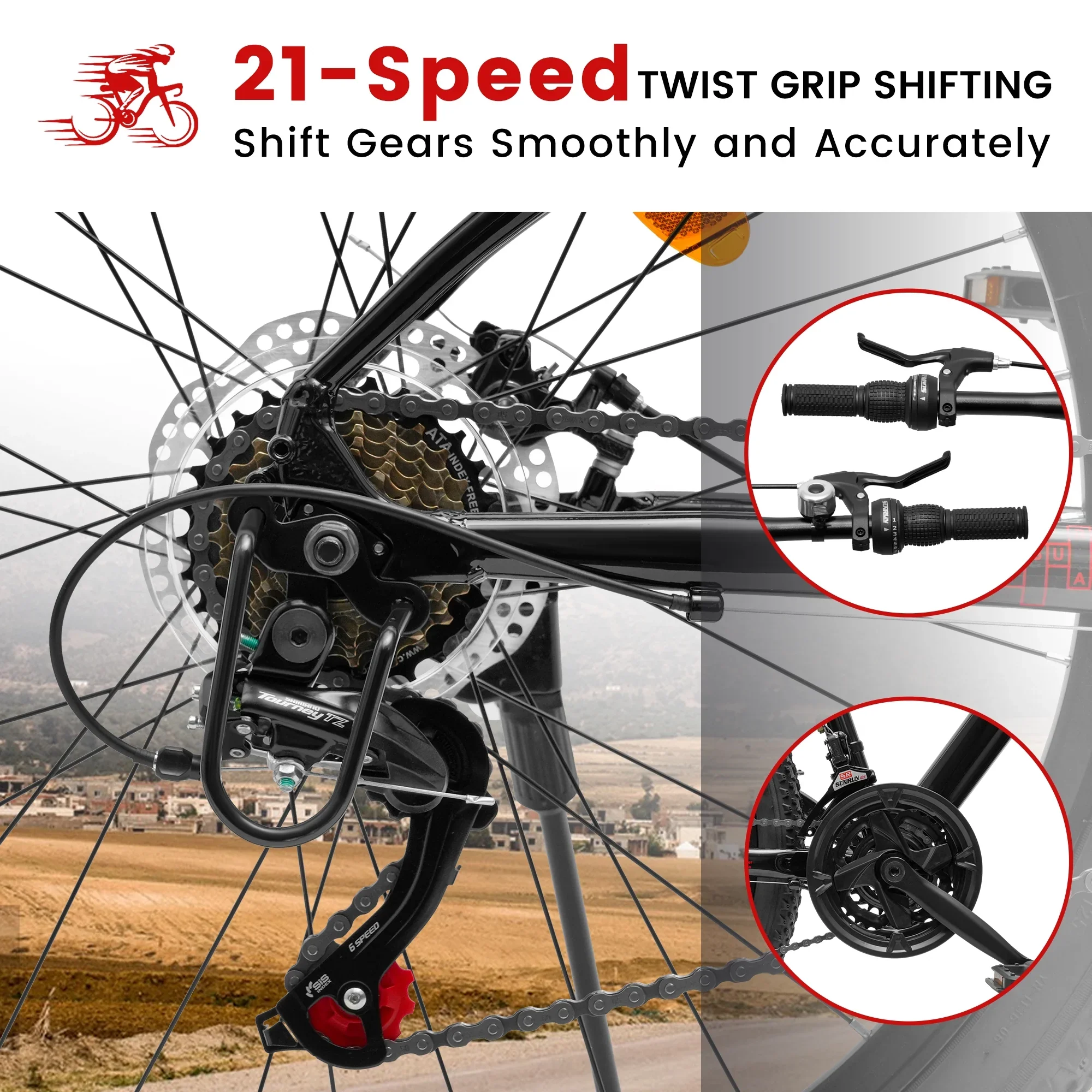 24 Inch Mountain Bike, 21 Speed Mountain Bicycle with Aluminium Alloy Frame, Dual Disc Brakes and Front Suspension, Men Commuting City Bike for Teenagers Adult, Quick Release Front Wheel, Black