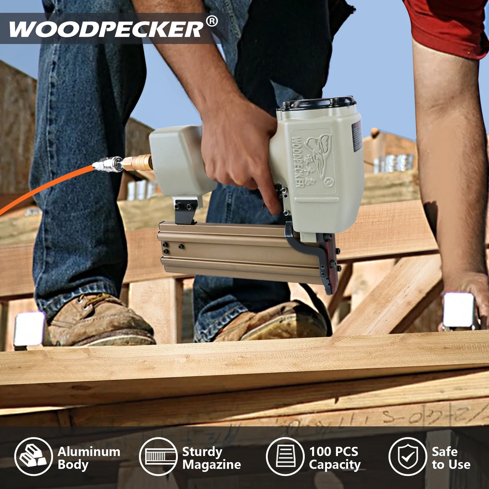 WOODPECKER ST64 Pneumatic Concrete T Nailer, 14 Gauge 3/4 to 1-1/2 Heavy Duty Air Concrete Nail Gun for hardwood nailing, Masonry, Cement, Concrete Brick Nailing