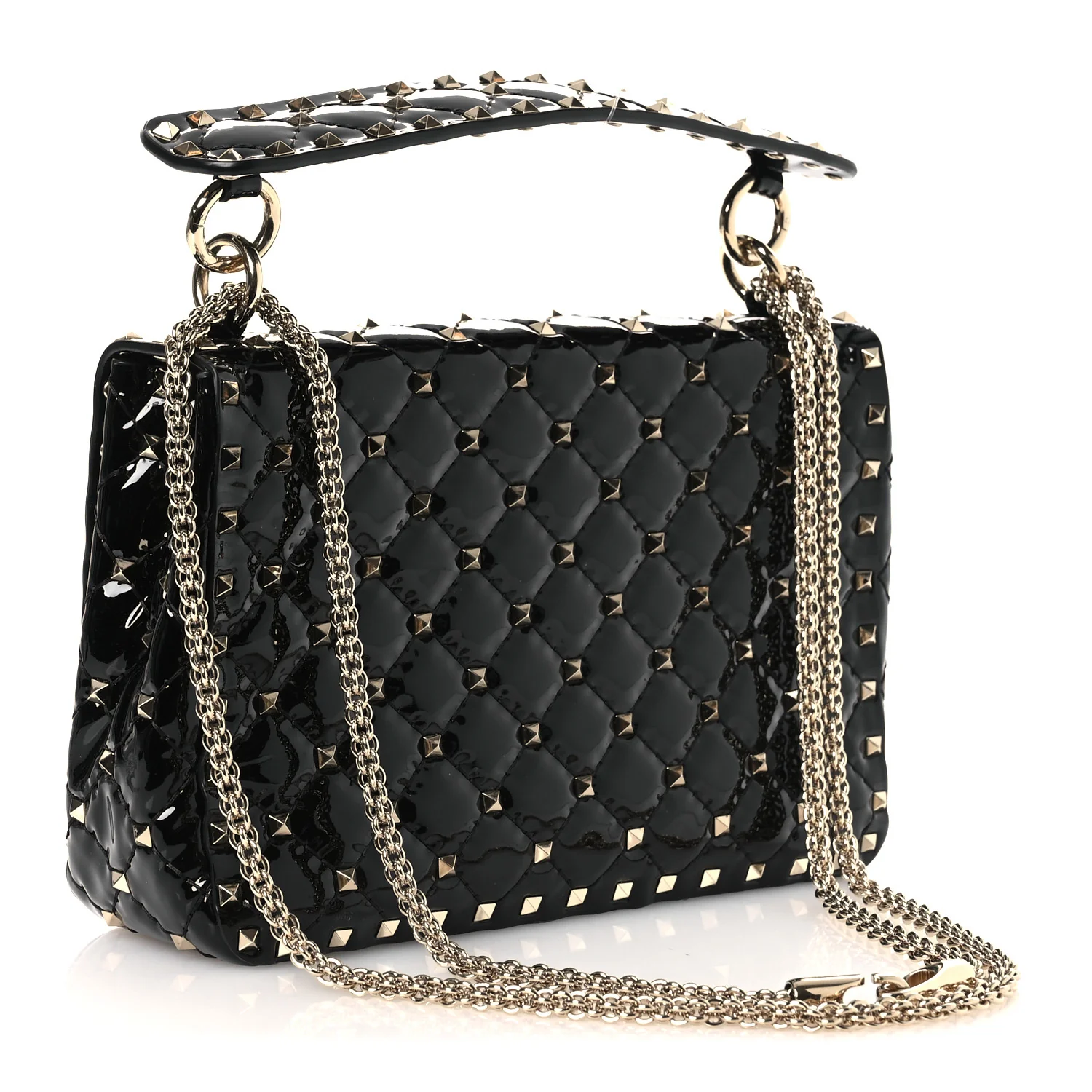 Patent Medium Rockstud Spike Shoulder Bag Black