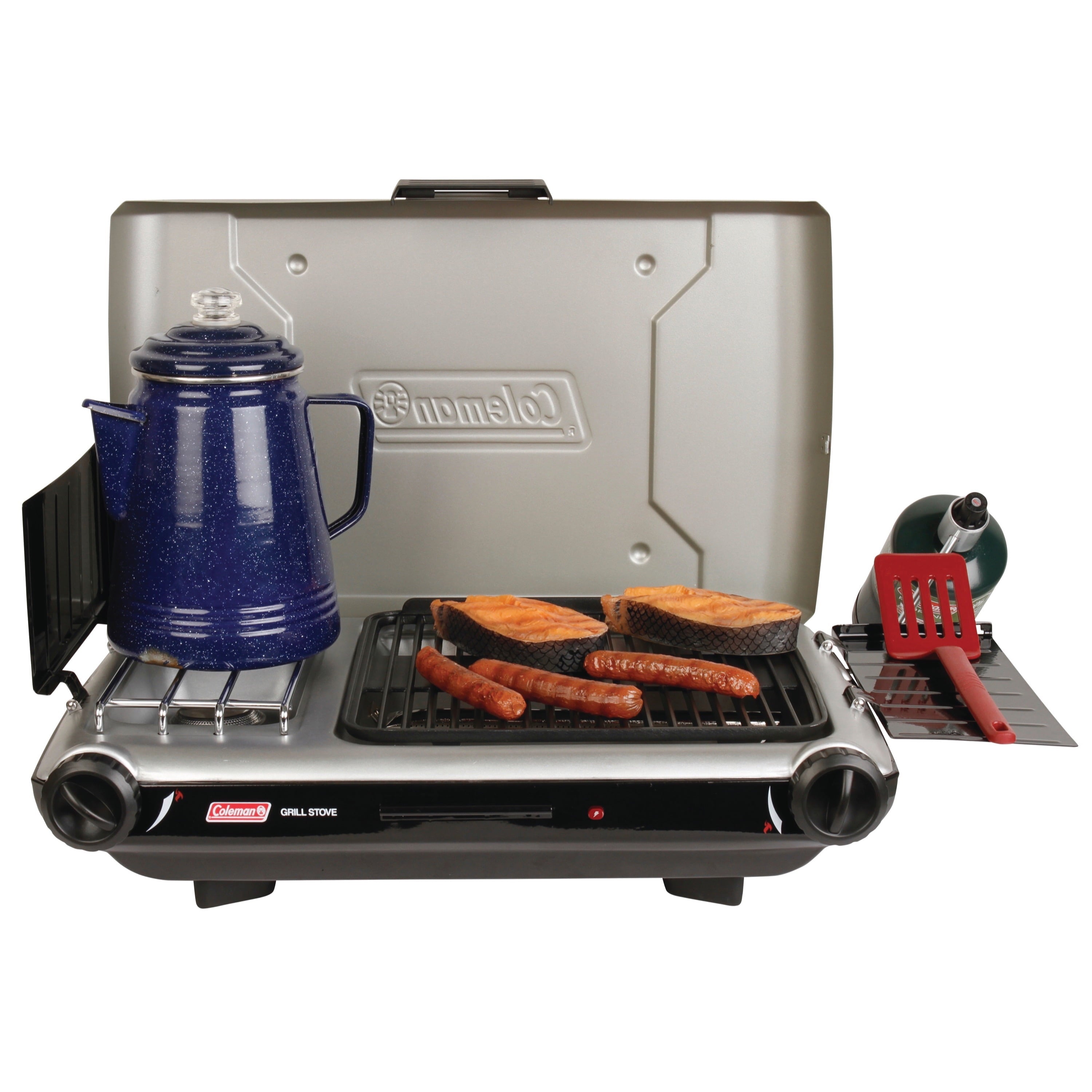 Tabletop Propane Gas Camping 2-in-1 Grill/Stove 2-Burner. Gray. 2000038016