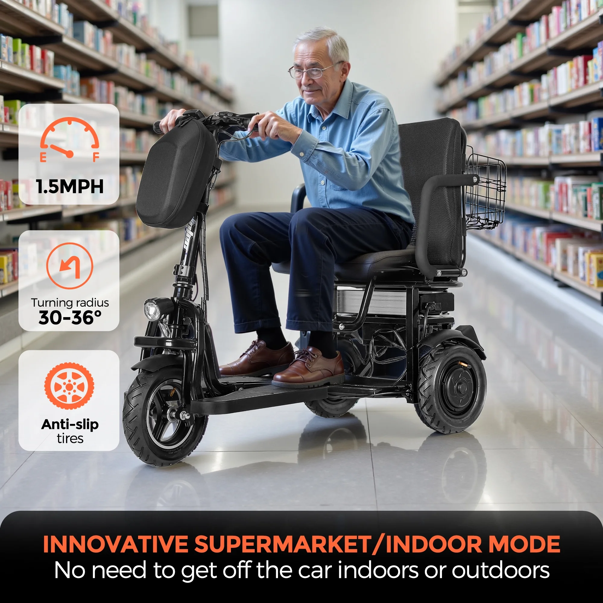 3-Wheel Folding Mobility Scooter Lightweight for Seniors Adults 300 lbs, Portable Powered Handicap All Terrain Travel Scooter, Mobility Scooters Foldable Collapsible Electric Scooters Black(Black) - Image 10