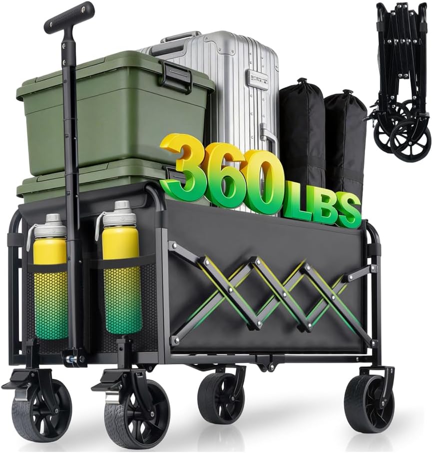 360LBS Collapsible Wagon Cart Foldable Heavy Duty, Shopping Cart with Brake