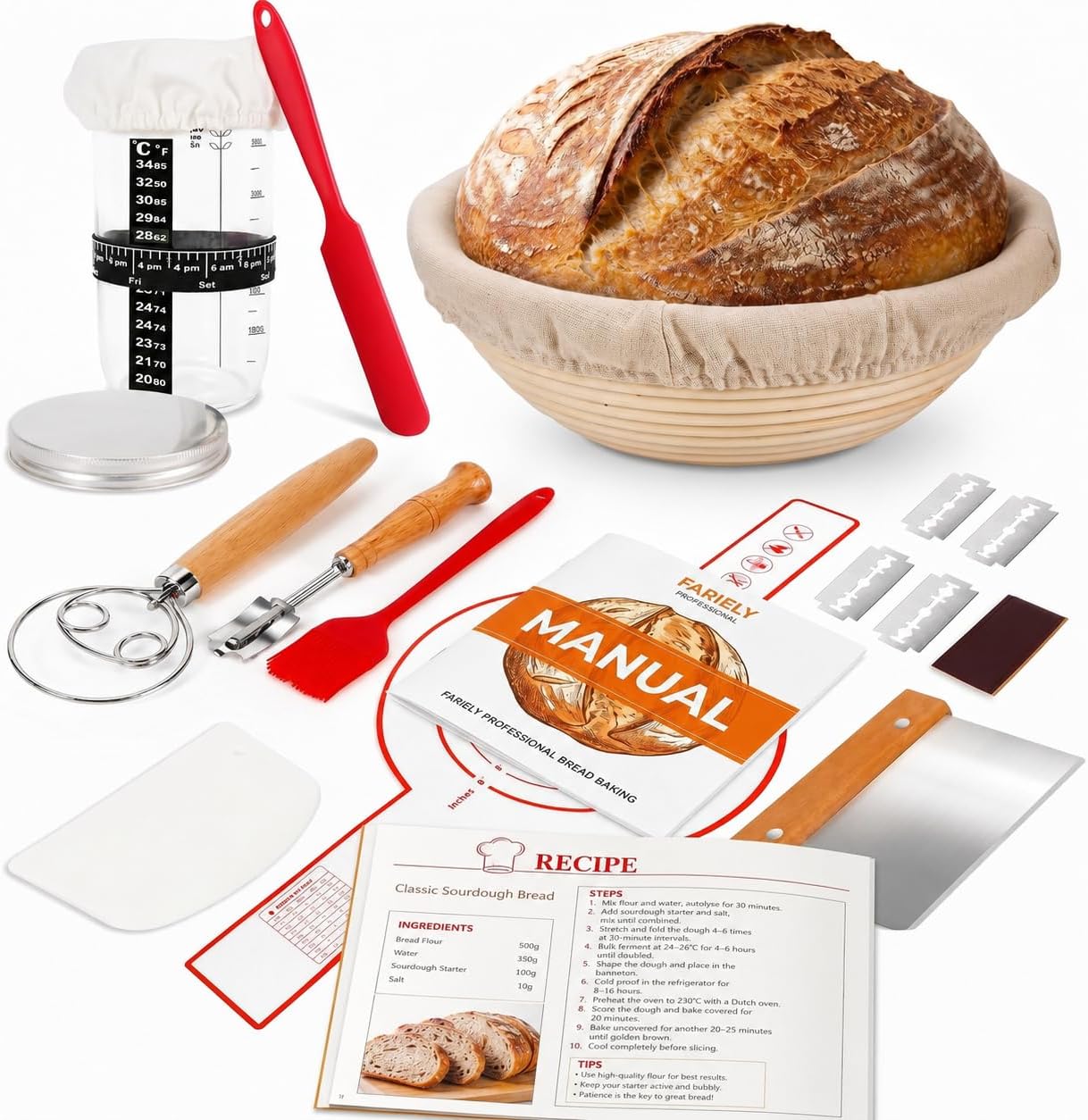 Complete Sourdough Starter Kit, Bread Baking Supplies, 9'' Round Banneton Bread Proofing Basket with Glass Sourdough Starter Jar & Tools, Bakery Accessories for Bread Making and Baking Fermentation