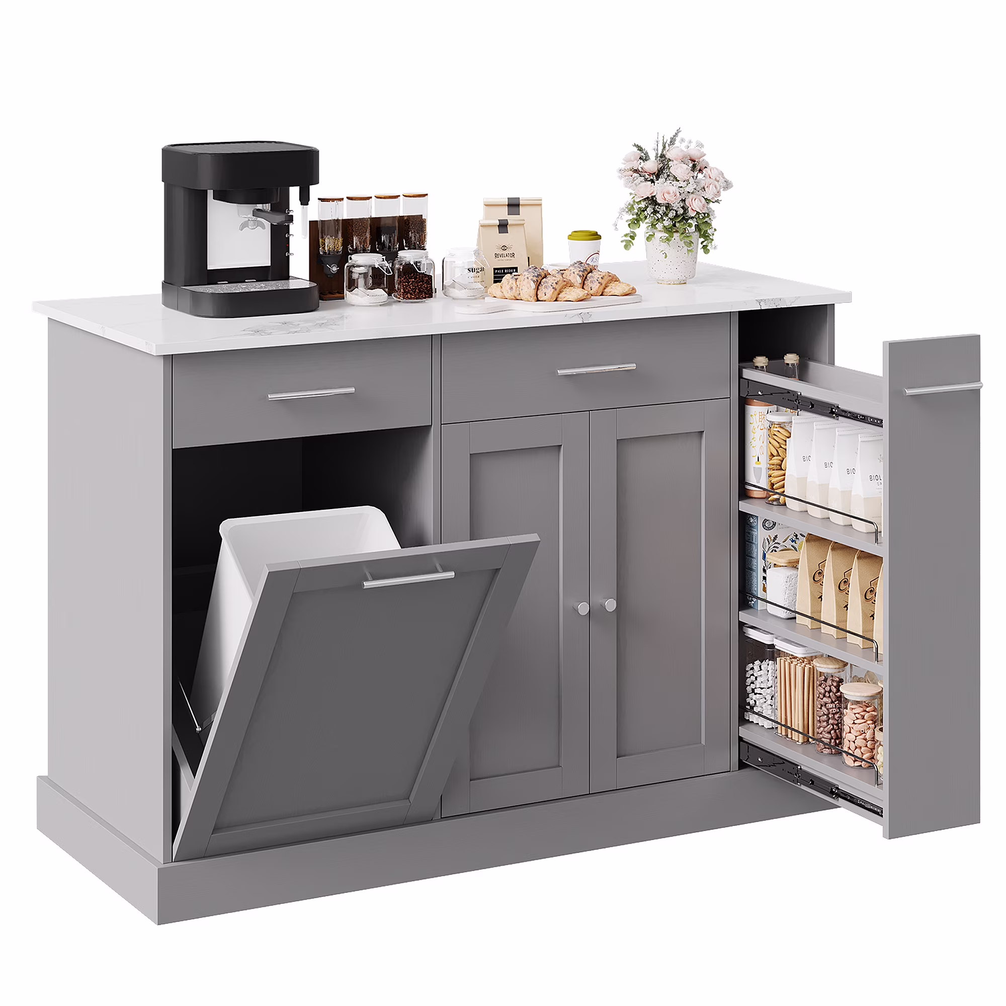 52" Kitchen Island with Storage, Rolling Kitchen Cart Island with Wheels, Tilt Out Kitchen Trash Cabinet 10 Gallon Storage, 3 Large Spice Racks and 2 Drawers, White(White) Image 5
