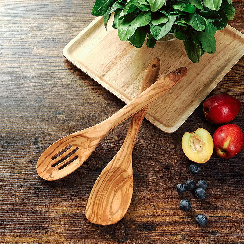 2 Piece Olive Wood Spoons for Cooking, Nonstick Wooden Slotted Spoon/Corner Spoon Set