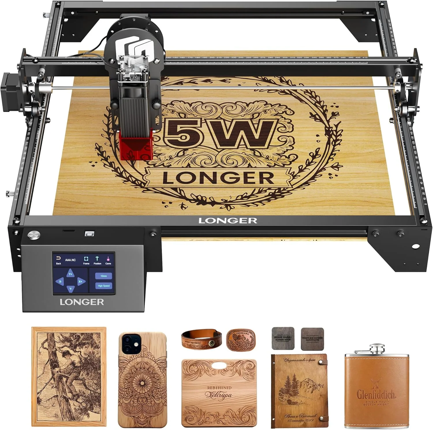 Graveur laser Longer RAY5, puissance de sortie 5 W, gravure laser haute précision 0,08 x 0,08 mm pour bois, métal, verre, acrylique, cuir, 15,7 x 15,7 cm, machine de gravure laser pour bois/verre/acrylique