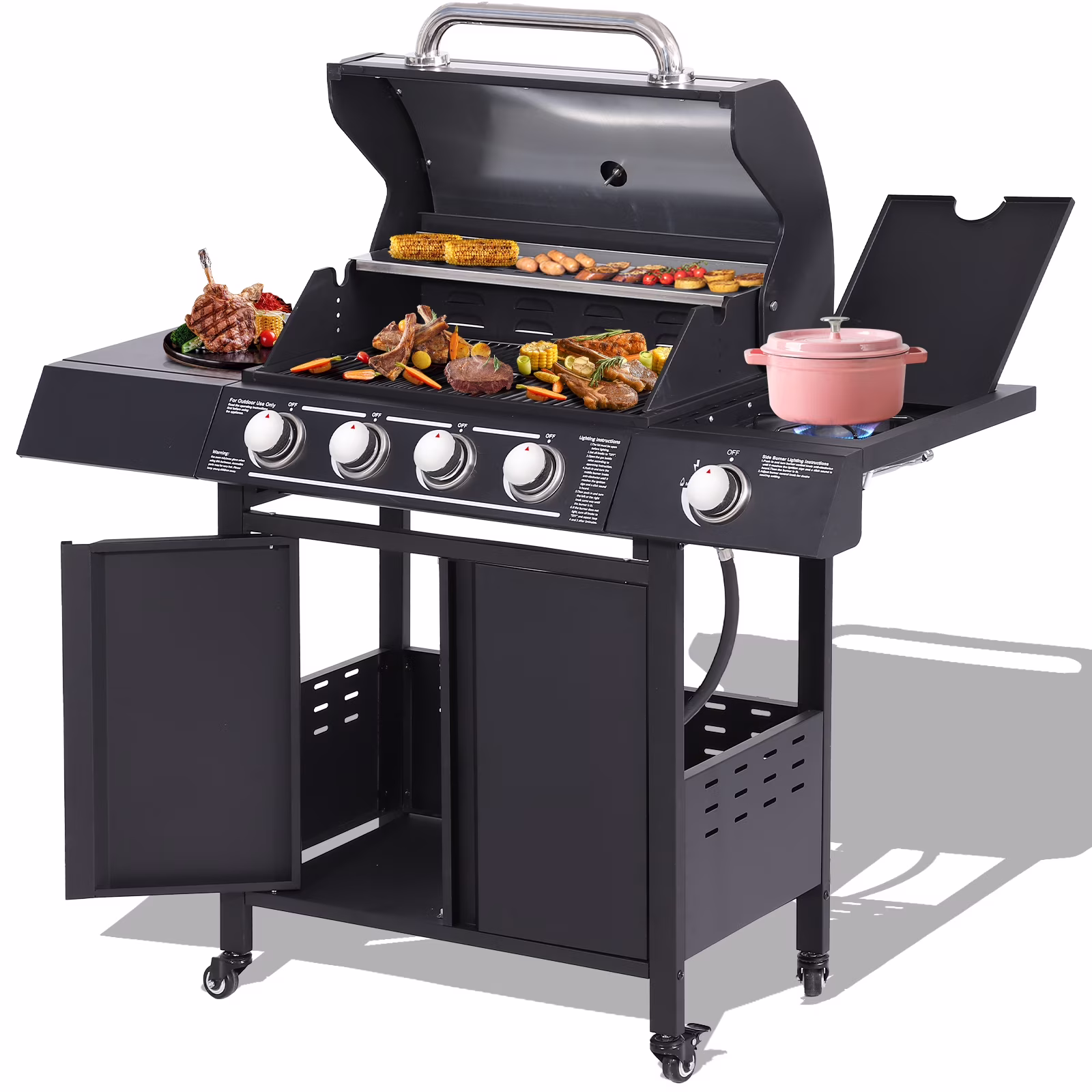 Haverchair 4-Burner Gas BBQ Grill, Cast Iron Barbecue Gas Grill with Side Burner and Bottle Opener for Outdoor Patio Garden Picnic Backyard Cooking, 50,000BTU Black