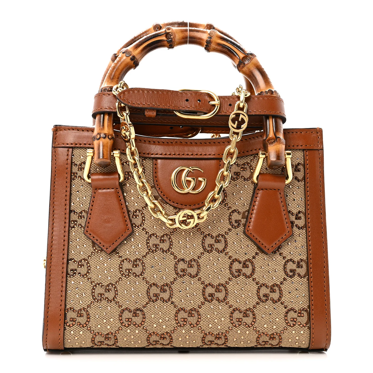 New Canvas Charisma Calfskin Crystal GG Monogram Mini Diana Tote Bag Camel Ebony