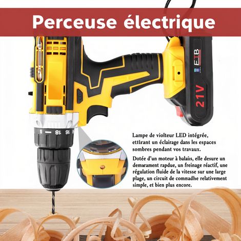 Perceuse Visseuse Sans Fil, Motor de brosse à forage électrique 21V, Perceuse-visseuse électrique 18 couples, moteur à balais, 2 vitesses, LED, pour montage, bricolage et réparation — vue 3
