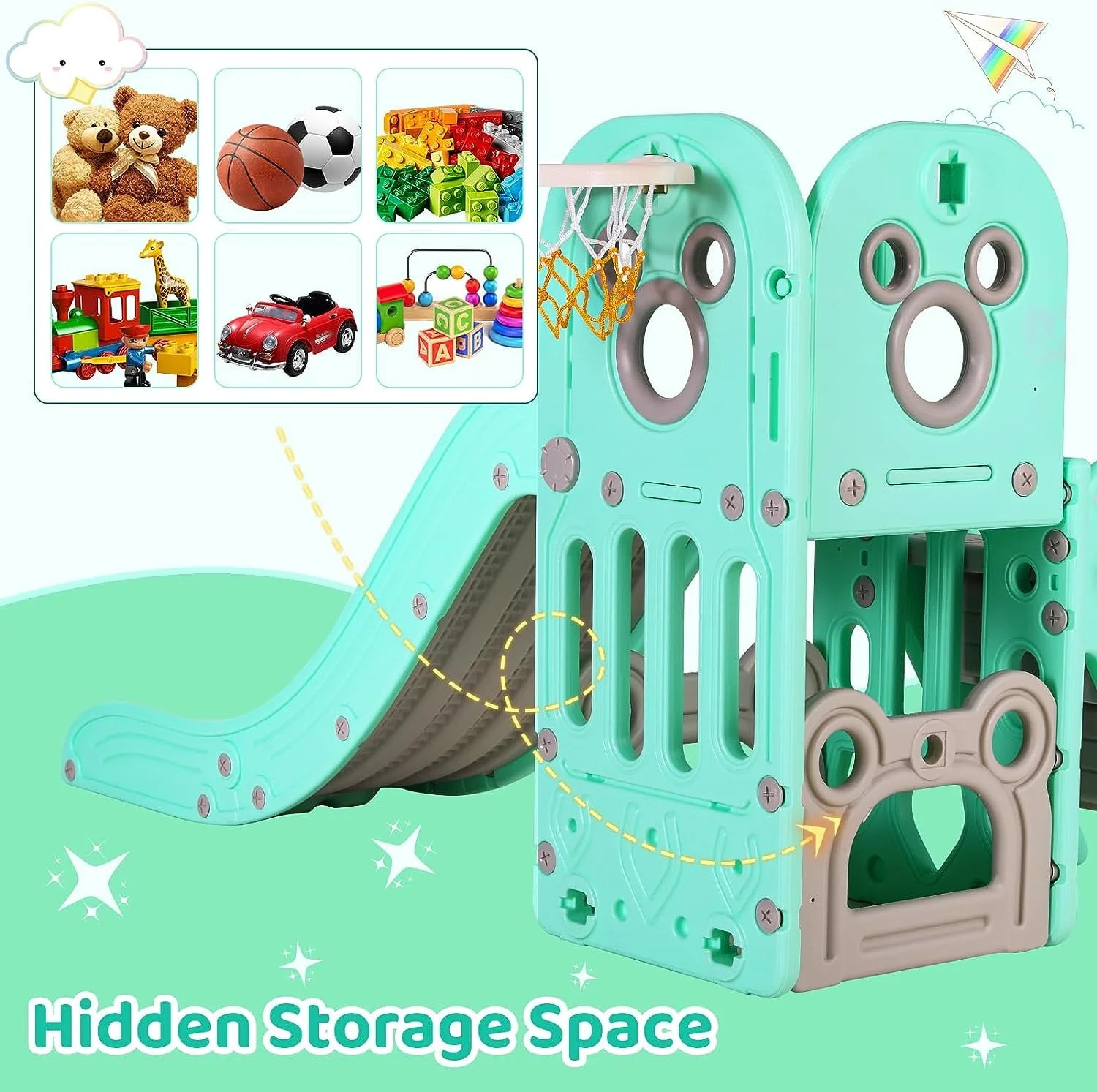 Sturdy Kids Slide, 4 in 1 Toddler Slide and Climber Playset with Basketball Hoop Storage Space, Non Slip Steps, Indoor Outdoor Toys for Boys Girls Image 5