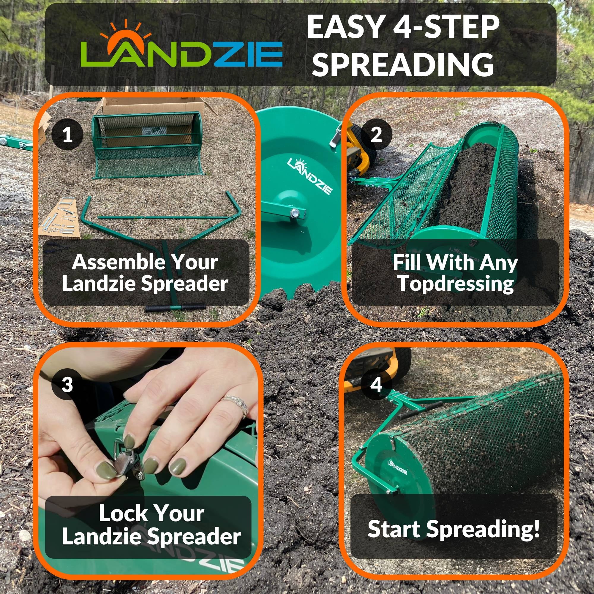 Landzie Compost Spreader 24 Inch Walk-Behind Lawn & Garden Spreader with Metal Mesh Basket