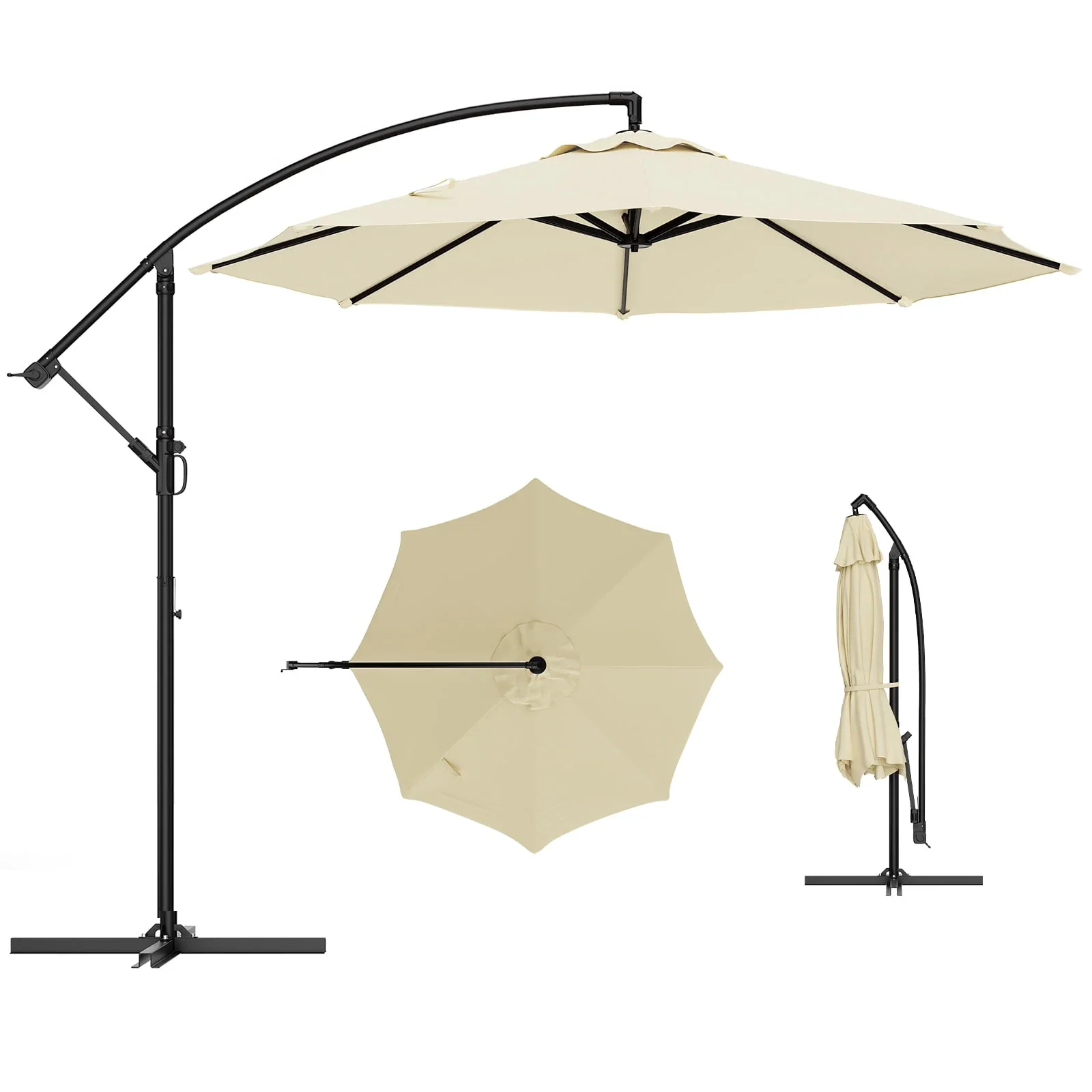 10 Ft Cantilever Patio Umbrella, Beige, 360-Degree Rotation, Infinite Tilt, 8-Rib Frame and UV-Resistant Canopy