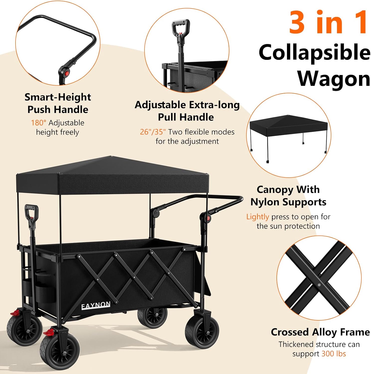 3 in 1 Collapsible Wagon with 300lbs Weight Capacity, 150L Heavy Duty Utility Cart with Removable Canopy, with Large All-Terrain Beach Wheels & Drink Holders, Black