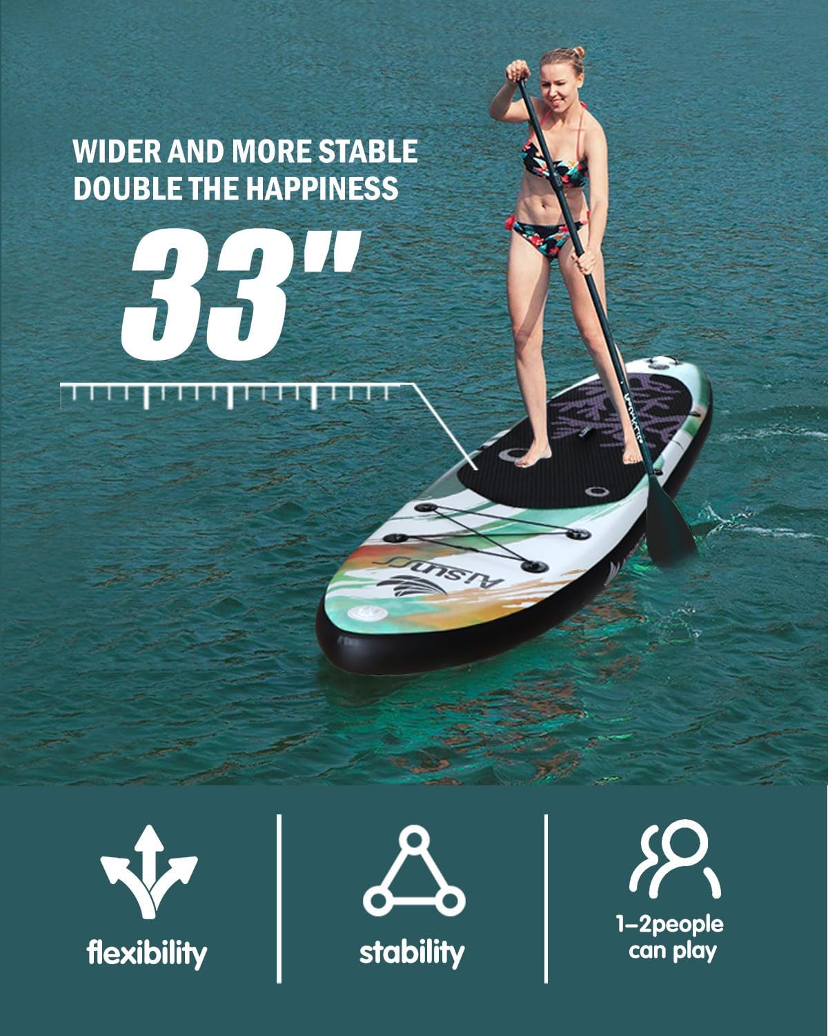 Planche de SUP gonflable large avec sac de transport, pompe à main et sac étanche de 10 L