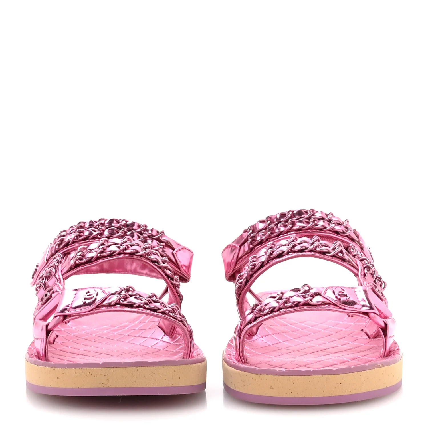 Metallic Laminated Goatskin Chain Flat Sandals 37.5 Pink