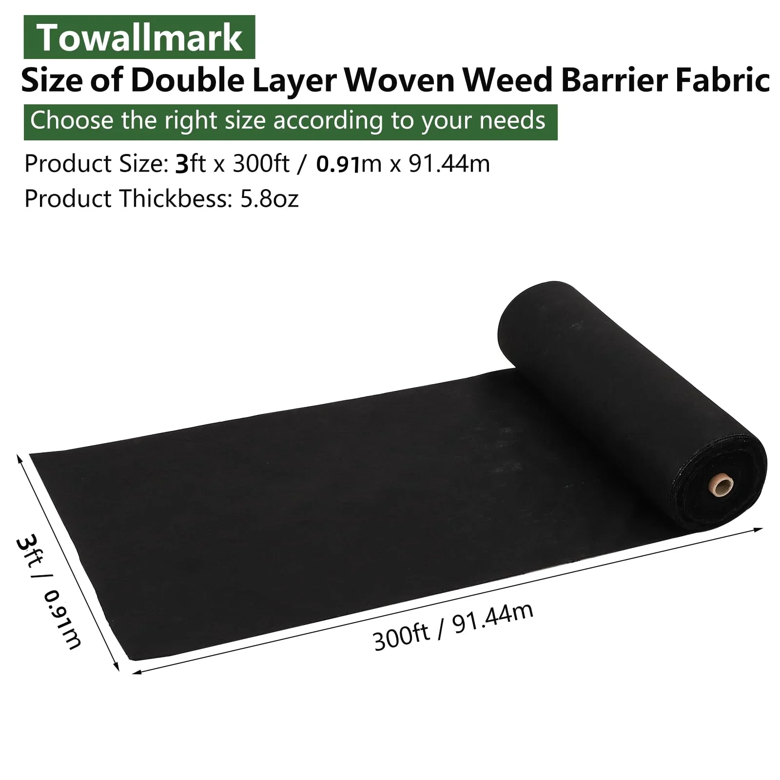 5.8oz Woven Weed Barrier Fabric - Double Layer Heavy Duty Ground Cover, 3ft x 300ft Commercial Grade Roll | UV-Resistant Landscape Fabric for Gardening Beds, Yard, Farm & Agricultural Matting