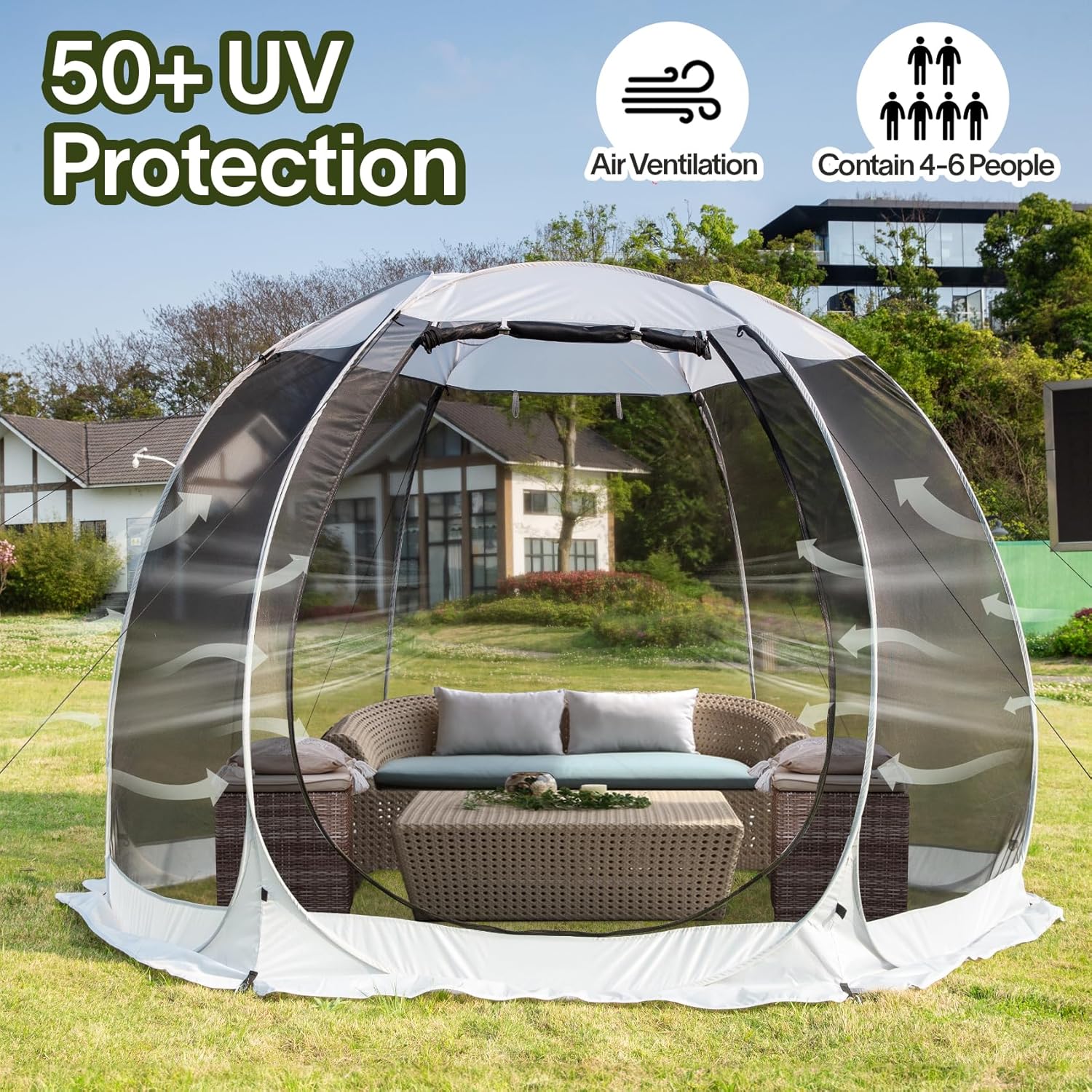 Gazebo moustiquaire pouvant accueillir 6, 10 ou 15 personnes. Tente de style igloo avec moustiquaire latérale. Idéal