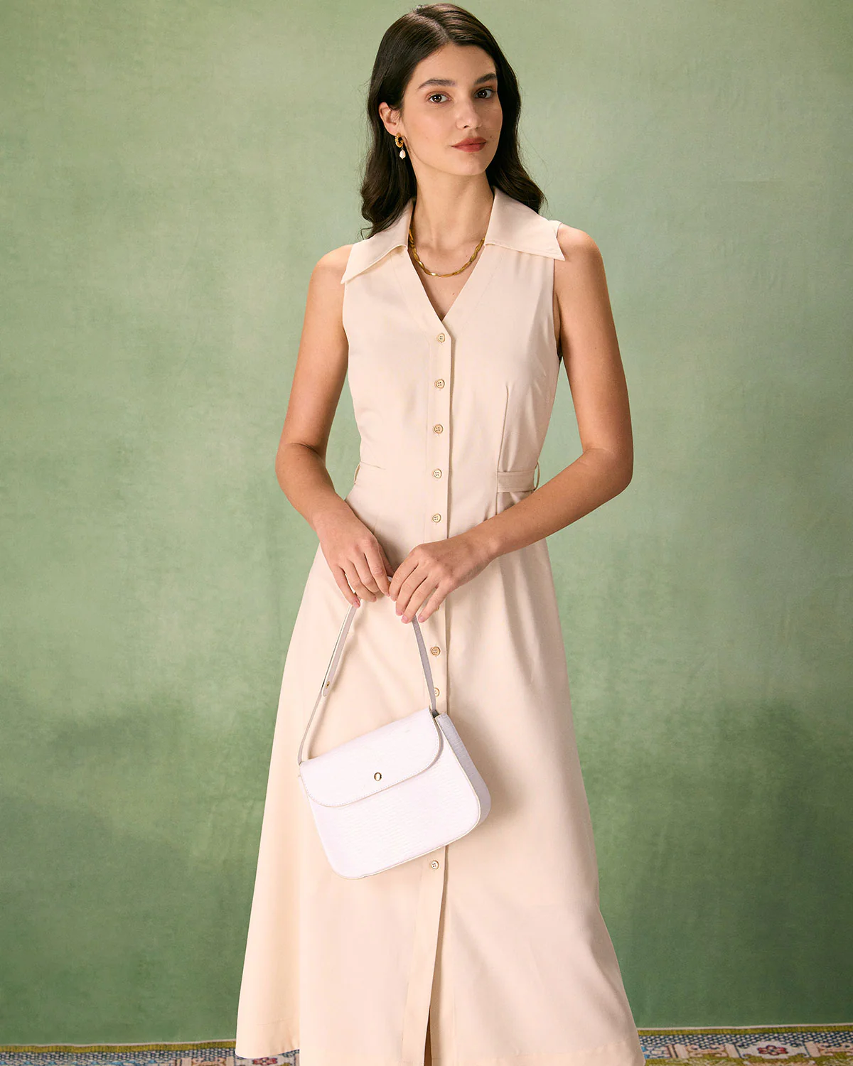 The Beige Collared Sleeveless Shirt Midi Dress