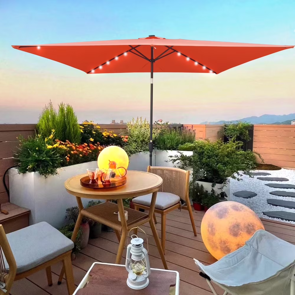 10 x 6.5t Patio Umbrella,Rectangular Picnic Table Umbrella,6-8 Chairs Tilt Umbrella with 26 LED Lights,Waterproof Umbrella Sunshade with Crank and Push Button Tilt for Garden Backyard Pool,Mushroom
