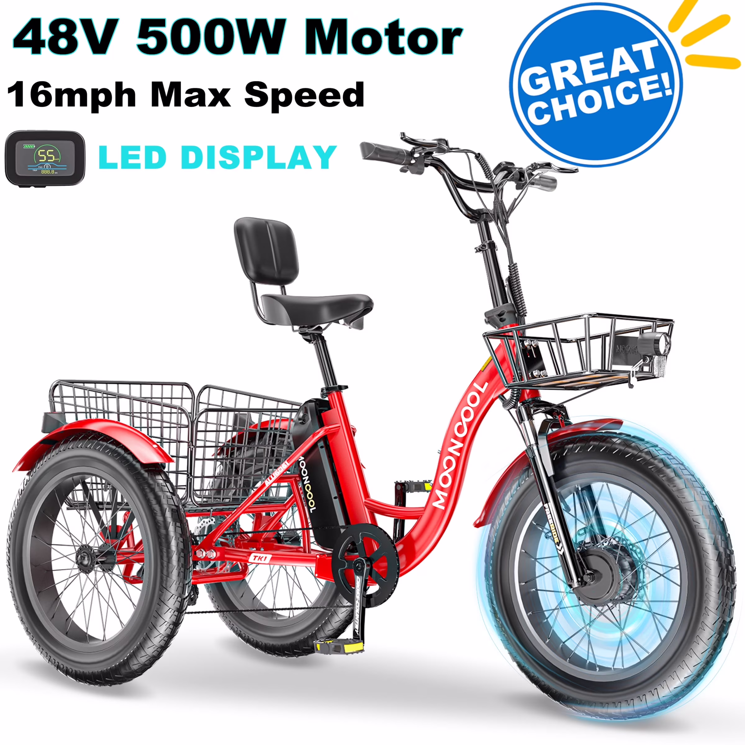 20" x 4" Fat Tire Electric Tricycle for Adult, 7 Speeds Electric Trike 48V 500W Motorized Tricycle, Electric Three Wheels Bicycle for Senior, Aluminum Frame Rear Basket,16mph(Blue) Image 7