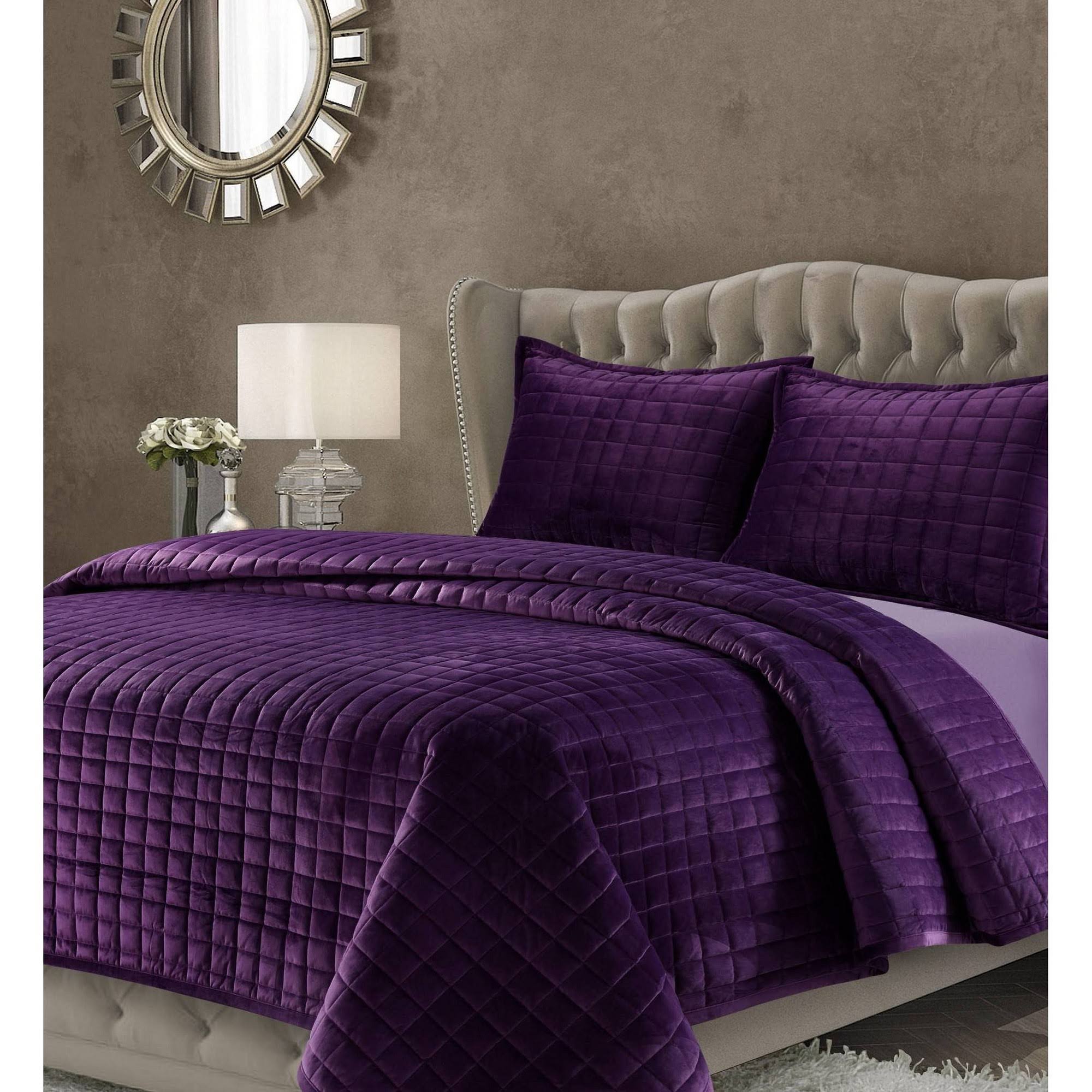 Tribeca Living Florence Velvet Oversized Solid Quilt Set Queen Purple