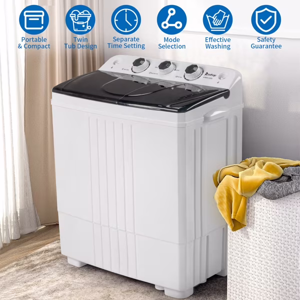 20Lb Twin Tub Washing Machine w/ Built-In Pump Semi-Automatic 1300RPM Compact Washer for Apartment, Dorm, RV, Camping, White/Black