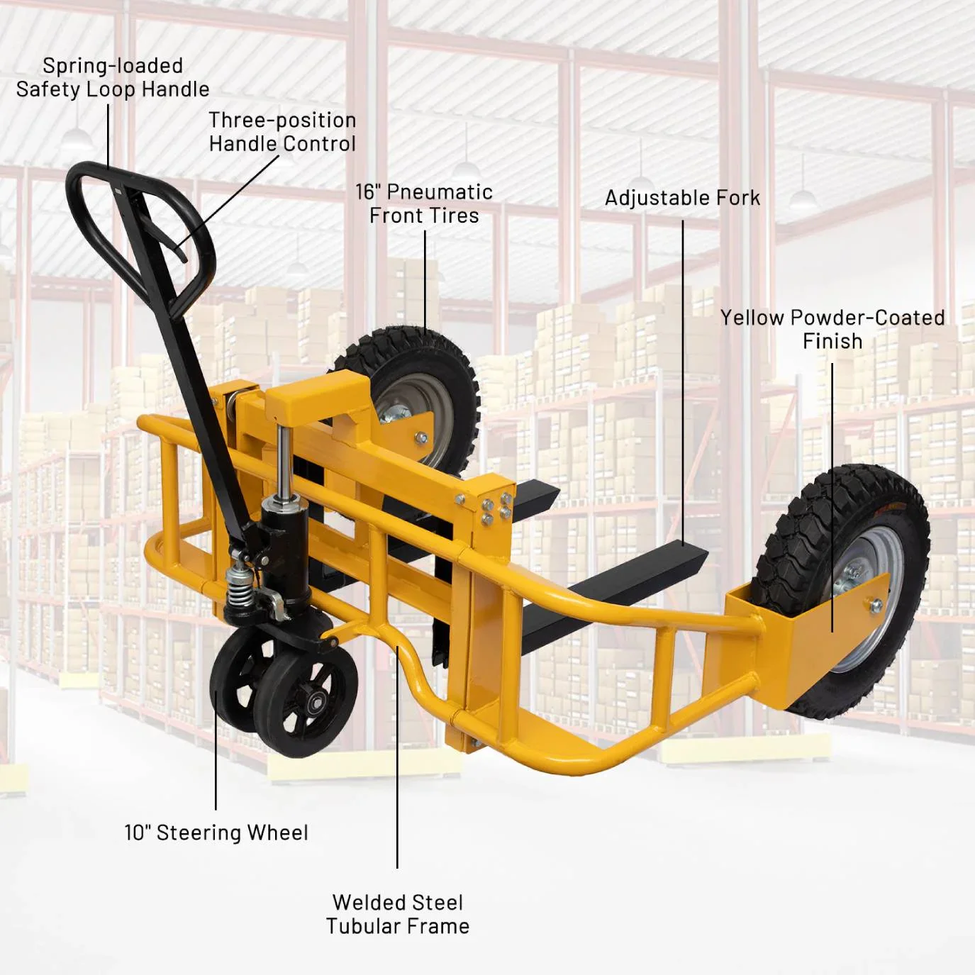 All Terrain Adjustable Manual Pallet Jack Hand Pallet Truck with Guardrail, 65.75W x 55.35D x 50.39H, 2500 lbs Cap.