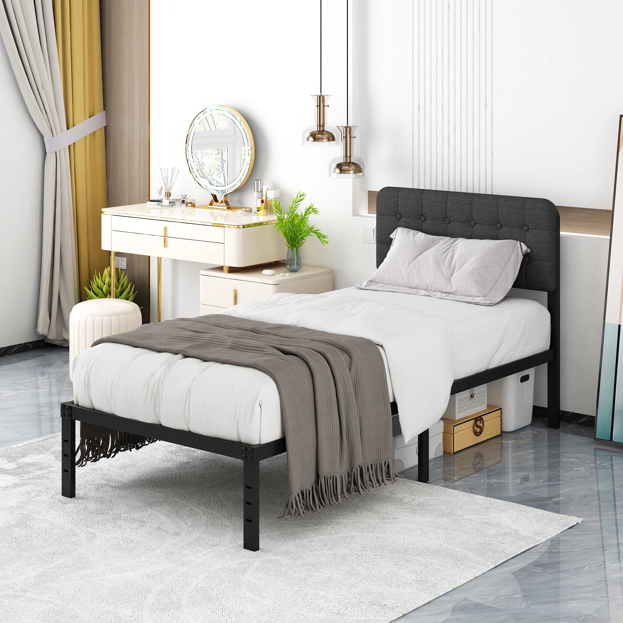 Maenizi Twin XL Bed Frames with Upholstered Headboard, 18 in Twin XL Metal Bed Frame No Box Spring Needed, Heavy Duty Metal Slats, Noise Free, Easy Assemble, Grey