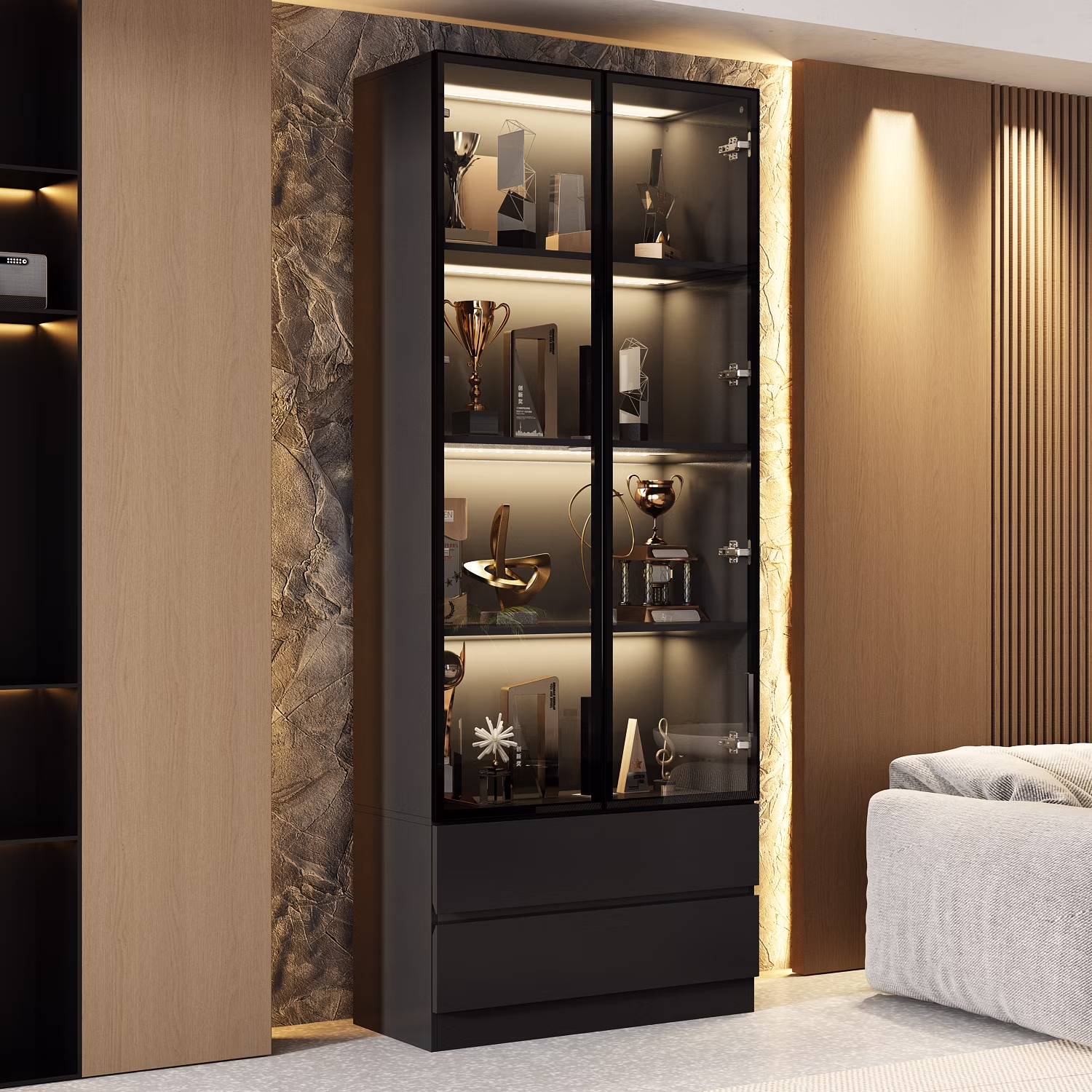 Bookcases Organizer with LED Lights, Heavy Duty Display Cabinet with Glass Door for Living Room, 31.5" Wide(31.5 in, 5-Tier) - Image 5