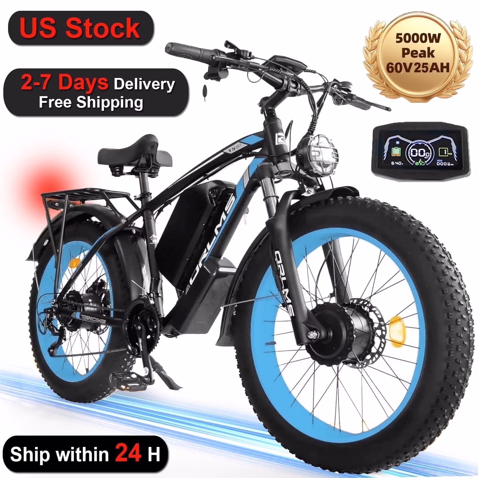 (US in Stock) 5000W Peak Dual Motor Electric Bike for Adults , 60V 25AH Removable Battery Ebike , 50MPH AWD 21-Speed Mountain Snow E-Bike with 26" x 4.0 Fat Tire, Long Range Mountain Off-Road EBikes(Black-Blue)