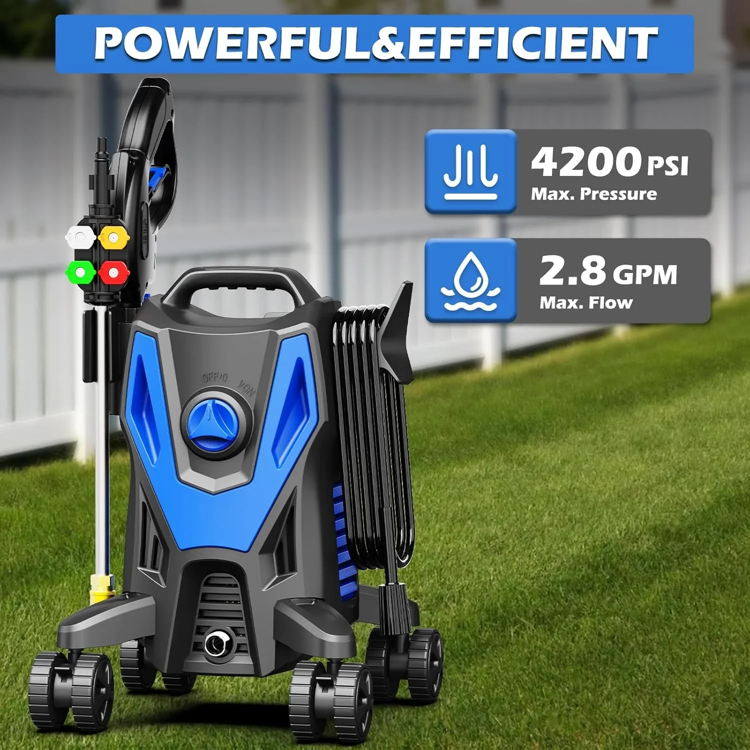 LAANPOLE Electric Pressure Washer, 4200PSI 2.8GPM, Foam Cannon, 4 Nozzle Tips, 20 FT Hose, 35FT Power Cord, Power Washer with Anti-Tipping Technology for Cars, Garden