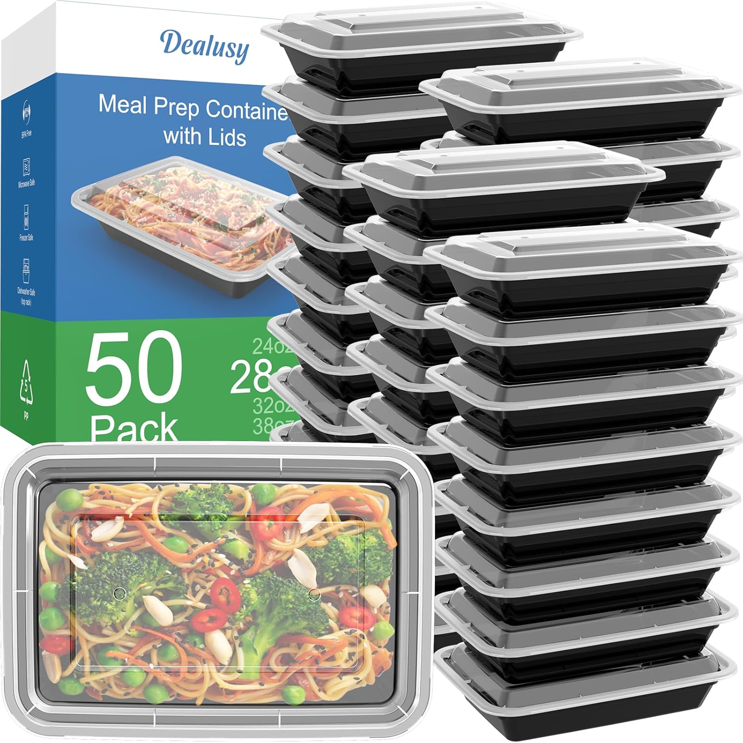 Dealusy 50 Pack (100-Piece) 24 oz Reusable Meal Prep Containers with Lids