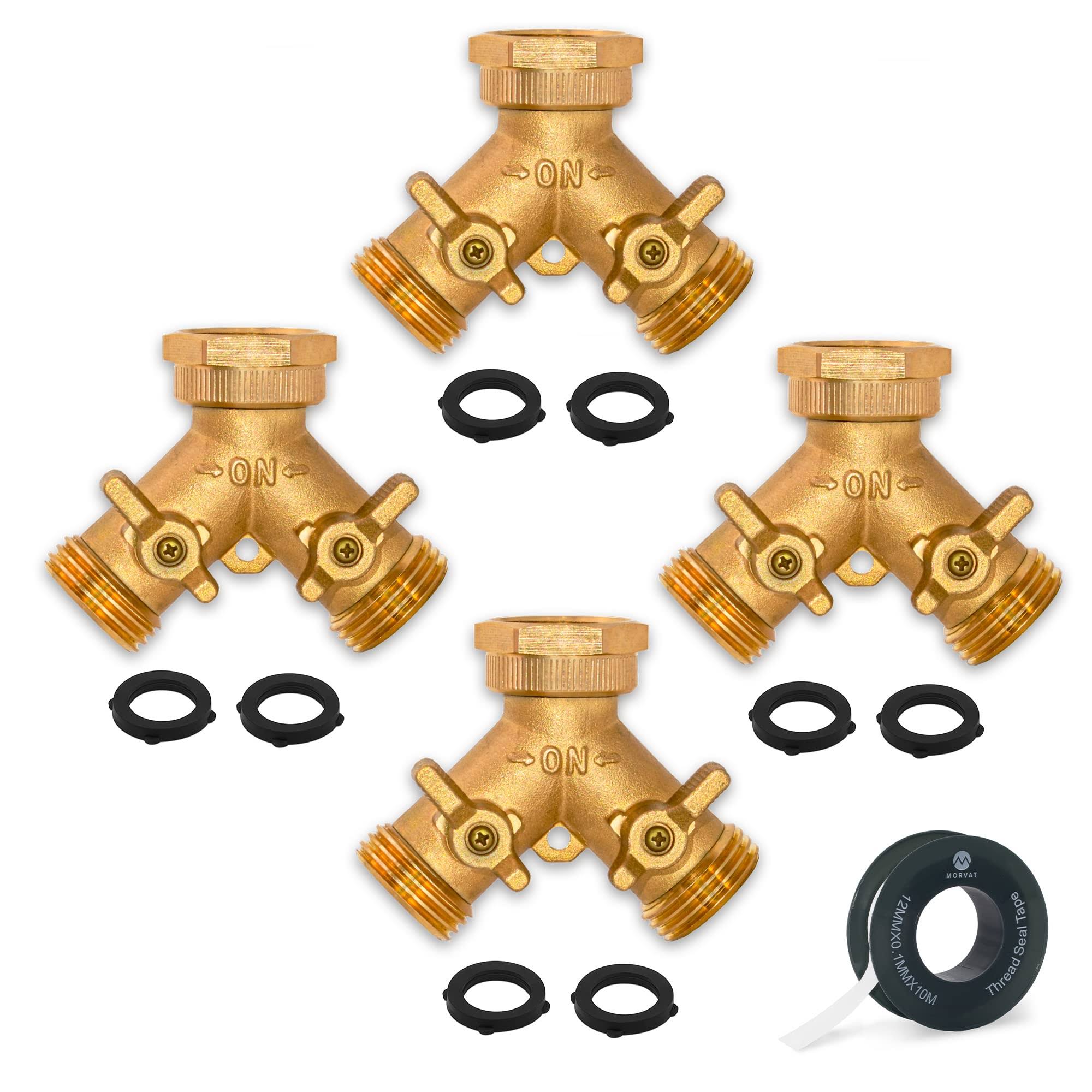 Morvat Heavy Duty Brass Garden Hose Connector Tap Splitter (2 Way) | 4 Pack