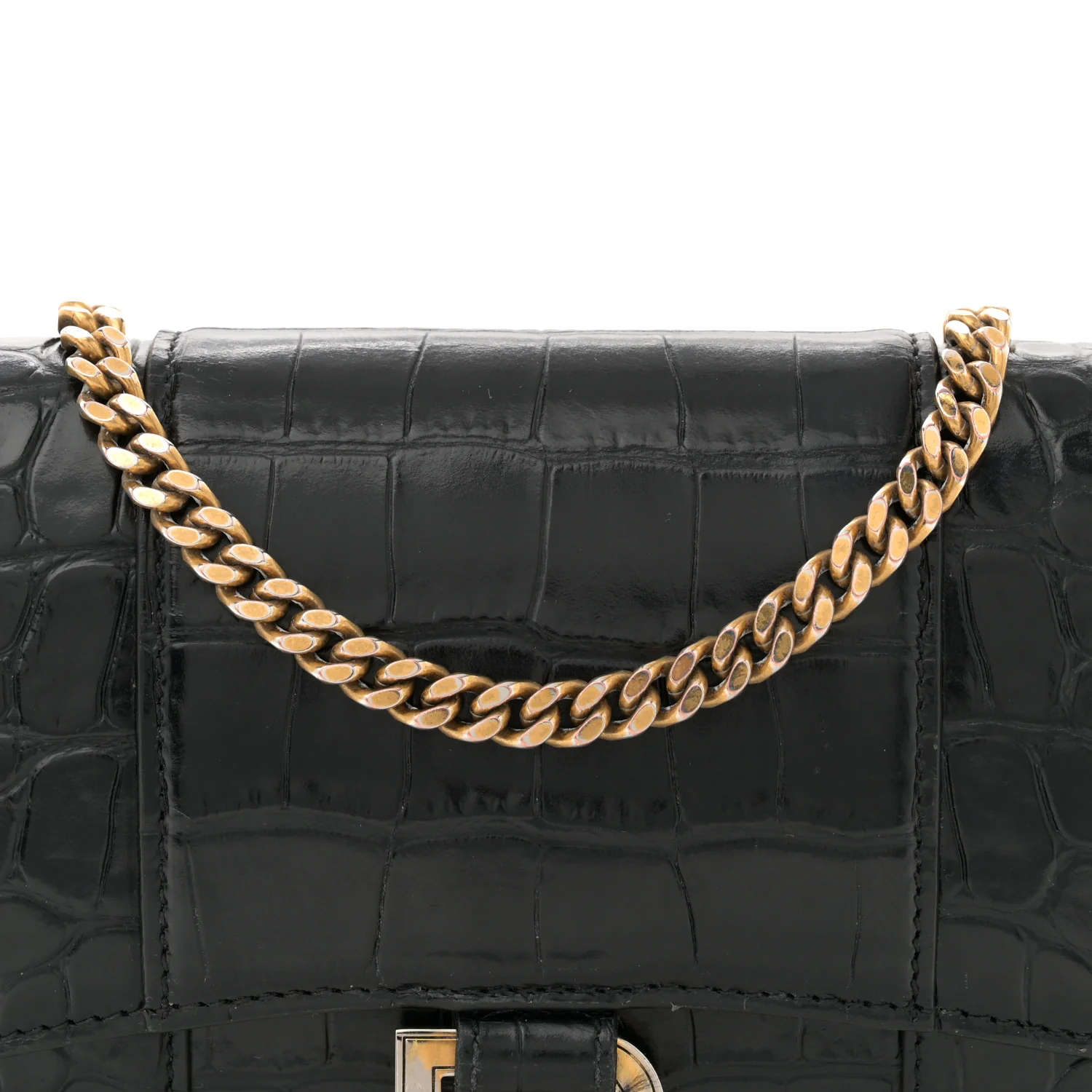 Shiny Calfskin Crocodile Embossed Hourglass Chain Bag Black