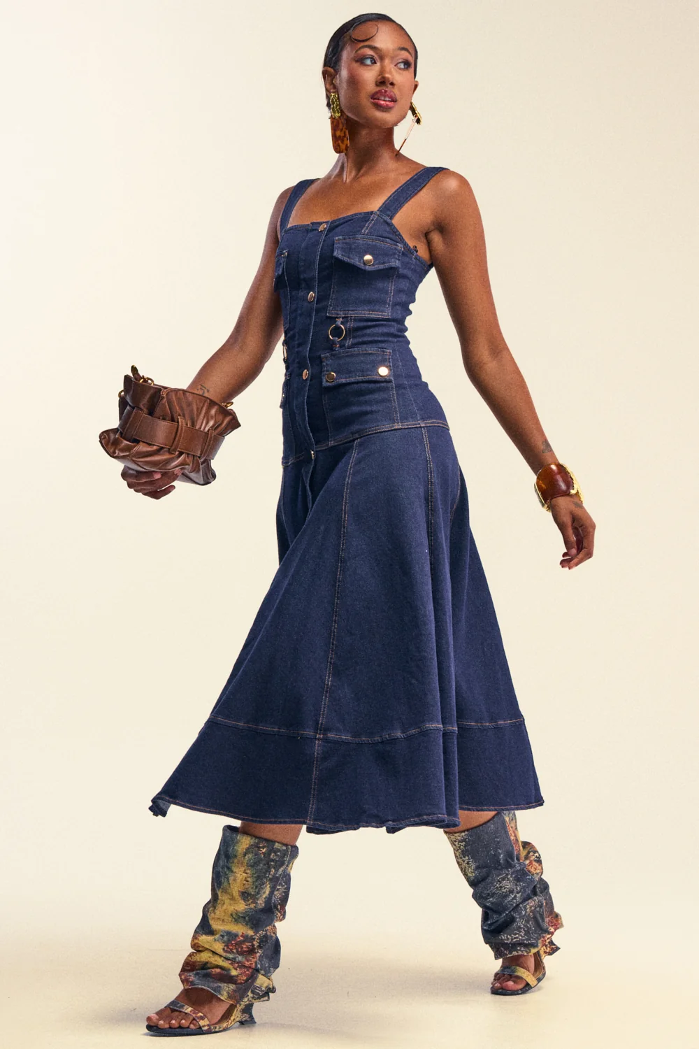 WILDFLOWER DRIFT MIDI DRESS IN DARK BLUE DENIM - Akira Store