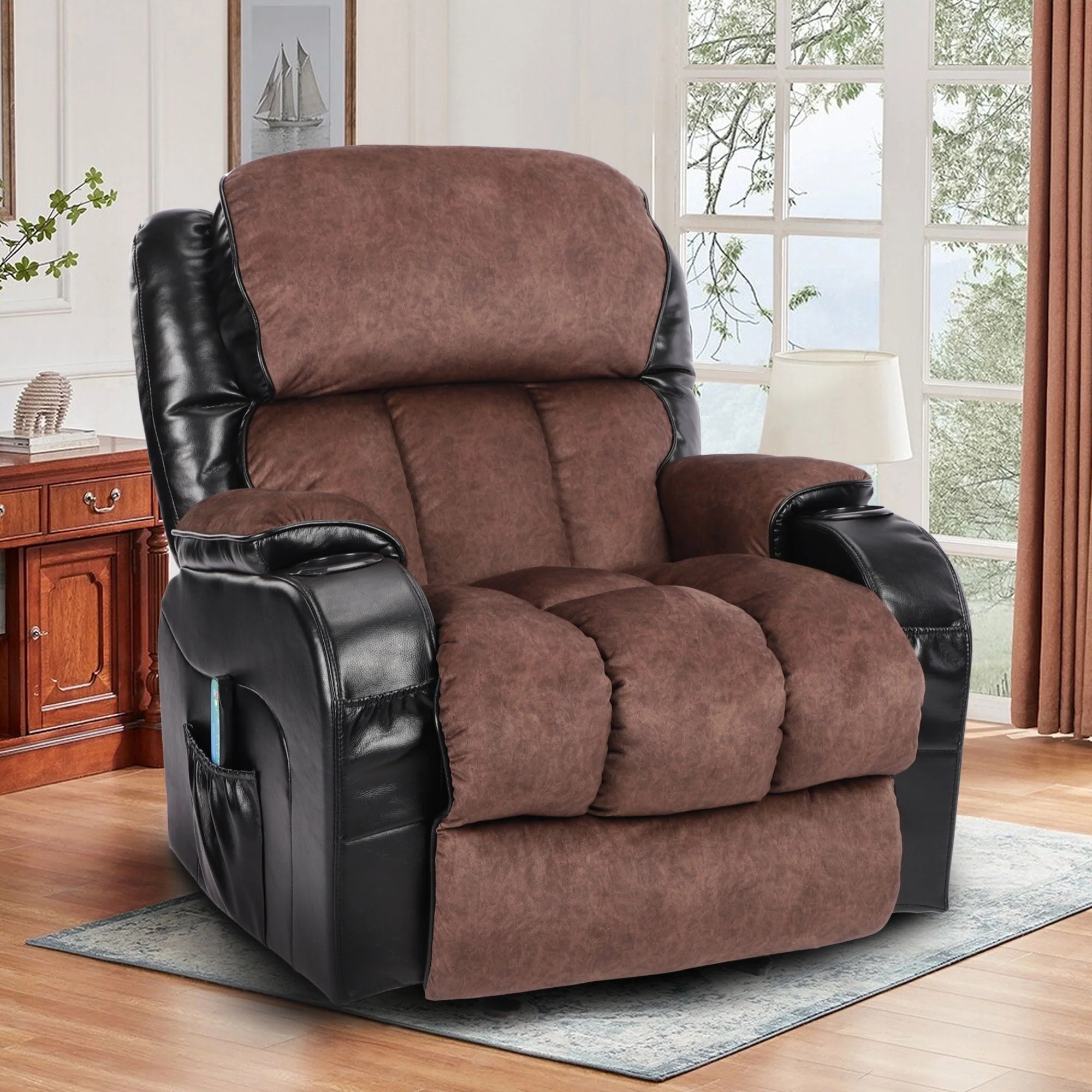 Leather Massage Recliner Chair, Modern Electric Power Rocker with Heated Massage, Ergonomic Lounge Chair, Single Sofa Seat with Drink Holders for Living Room, Black and Brown(Black) Image 2