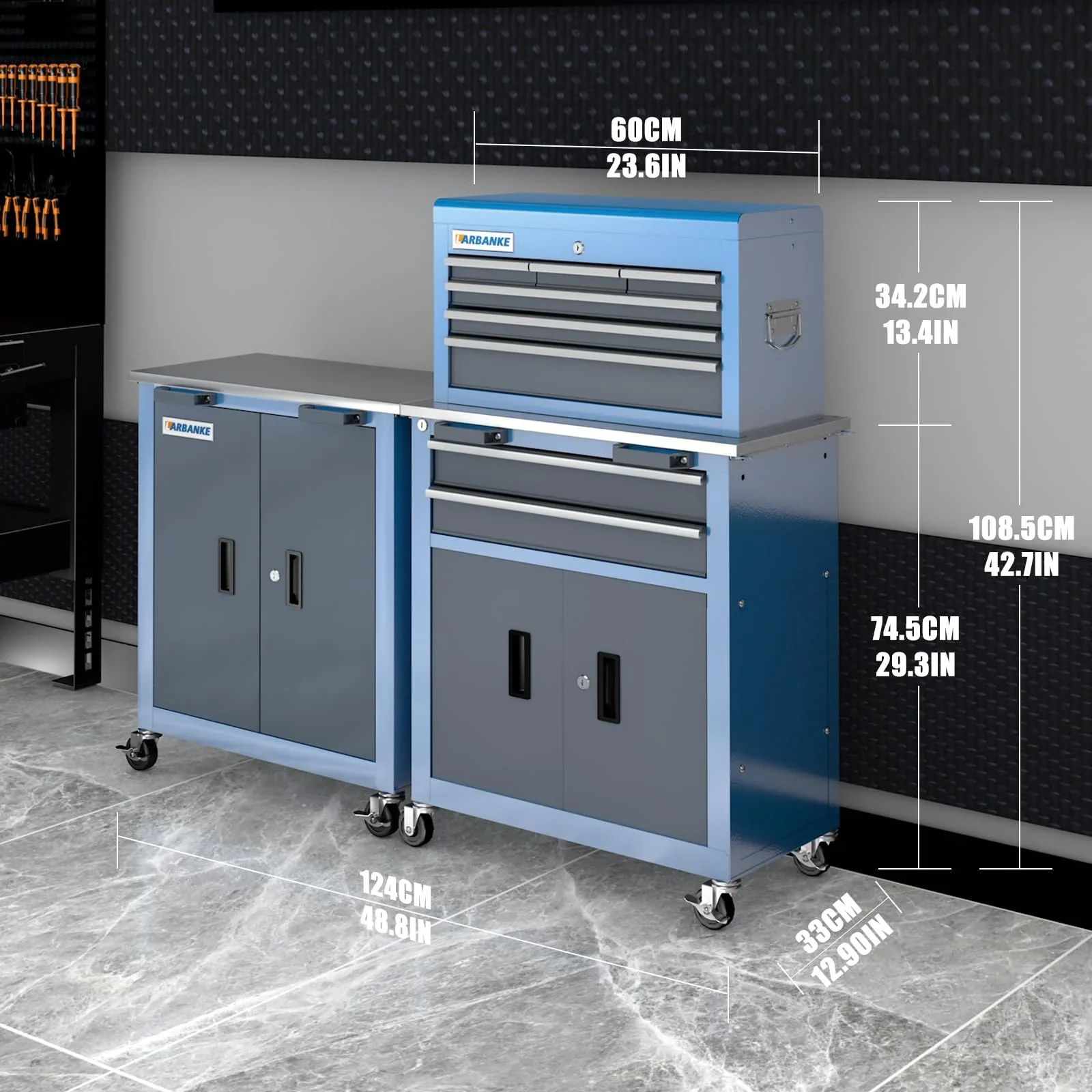 Rolling Tool Chest 5-Drawer Tool Cabinet with Stainless Steel Top Key Lock Heavy-Duty