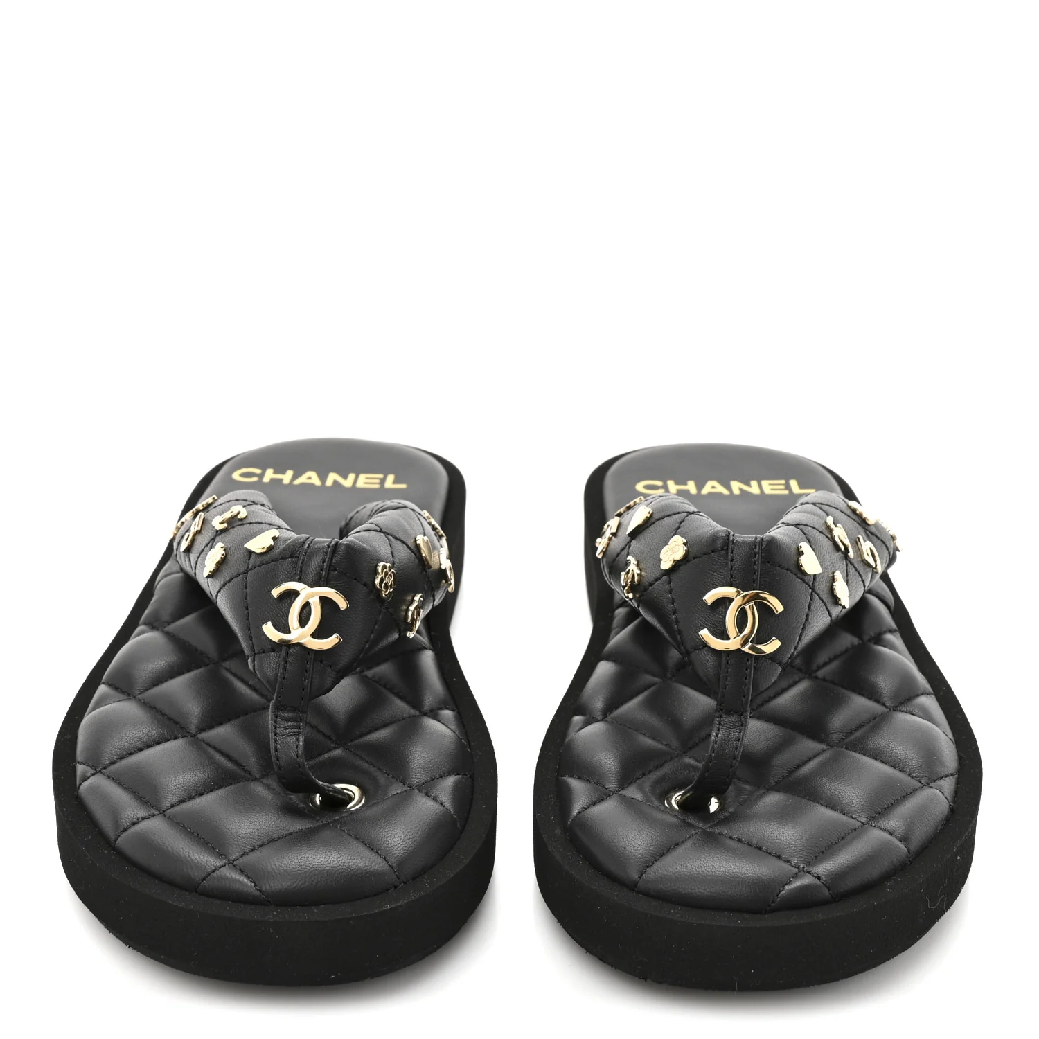 Lambskin Quilted Padded Charms Thong Sandals 36 Black