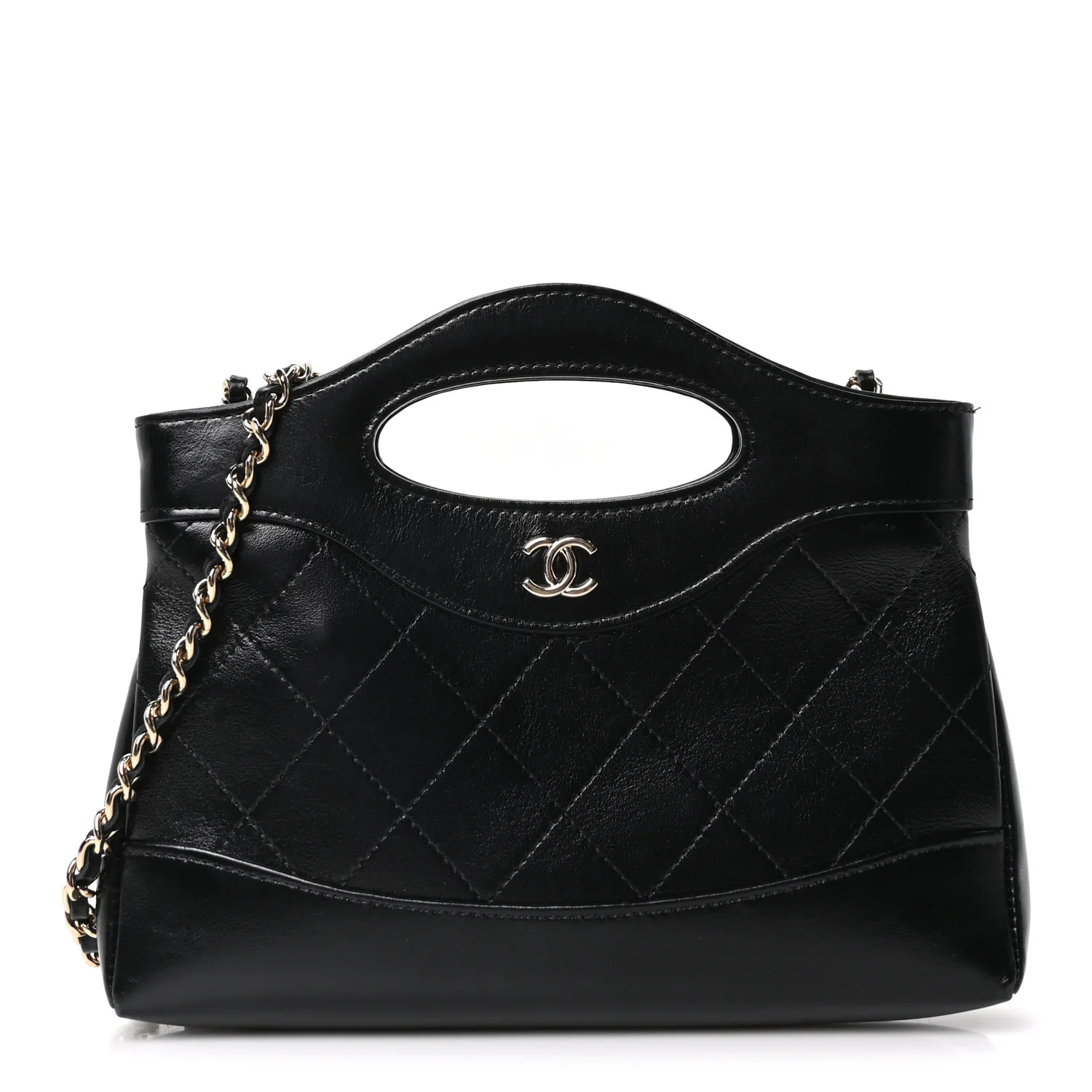 Shiny Crumpled Calfskin Quilted Nano 31 Shopping Bag Black