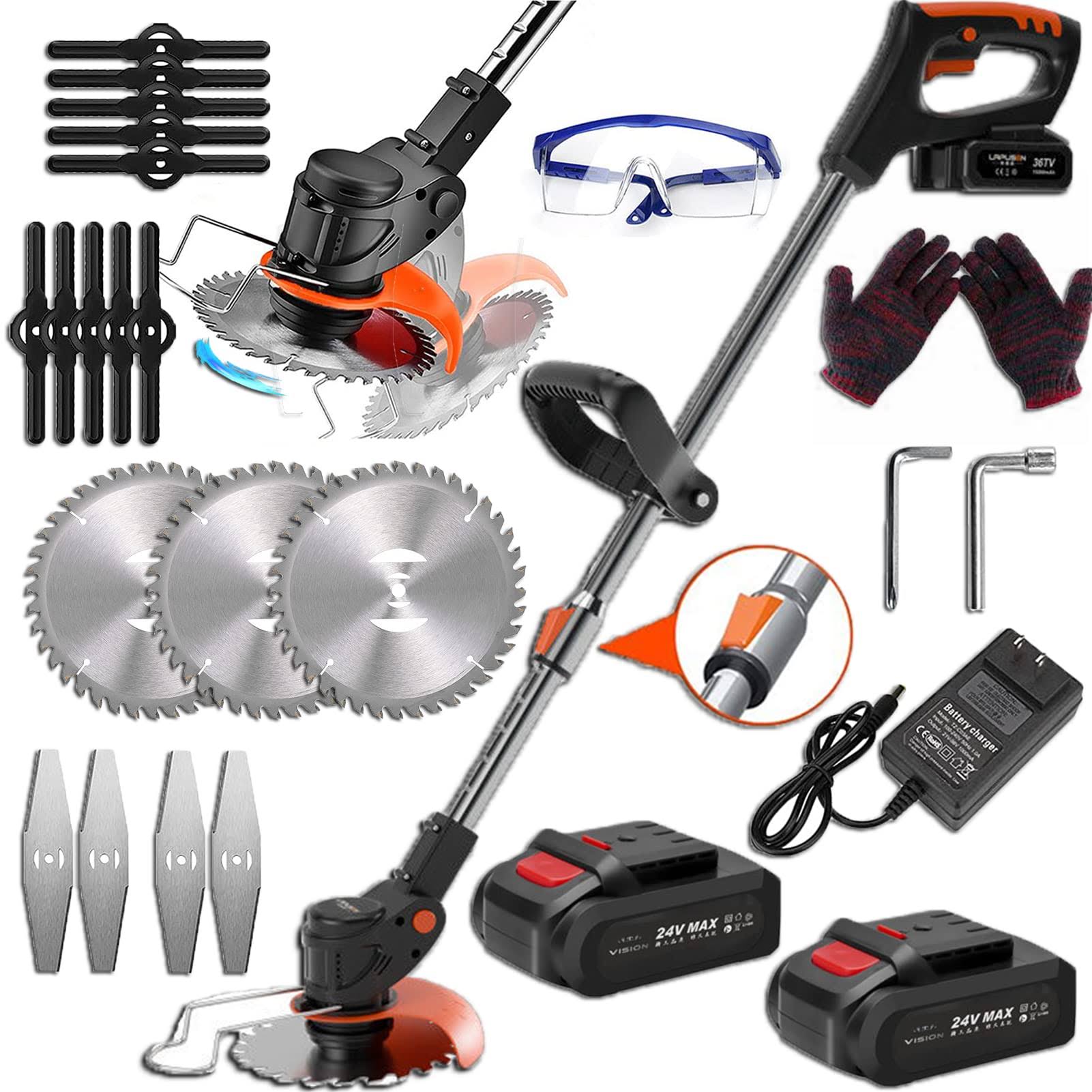 Weed Wacker Electric Cordless String Trimmer Weed Eater Grass Trimmer, with 3 Function Blades,Height Adjustable Lawn Edger Brush Cutter 2 Battery