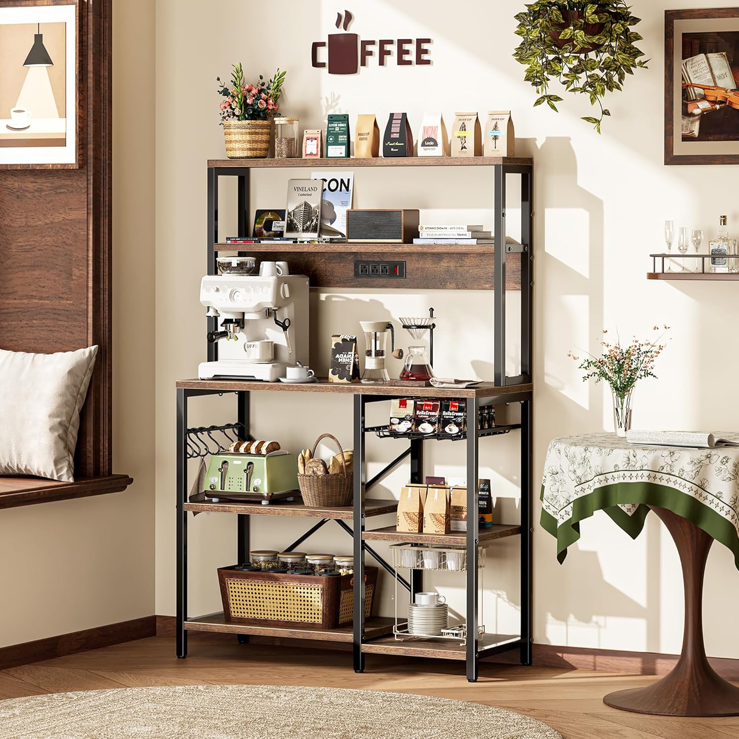 SUPERJARE Bakers Rack with Power Outlet, 35.4 Inches Coffee Bar with Basket